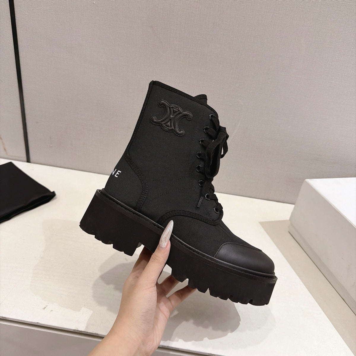 Celine Bulky Boots 4.5cm Black Canvas 168182