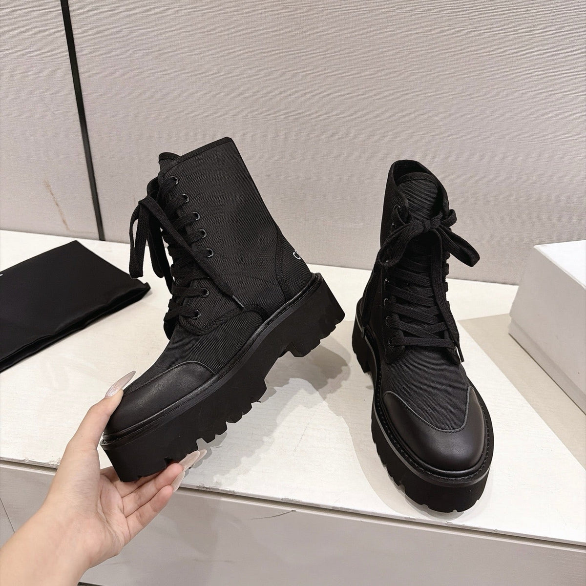 Celine Bulky Boots 4.5cm Black Canvas 168182
