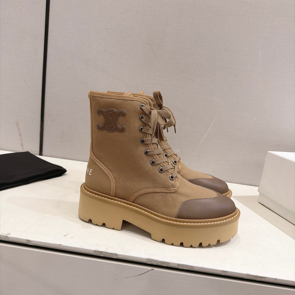 Celine Bulky Boots 4.5cm Beige Canvas 168193