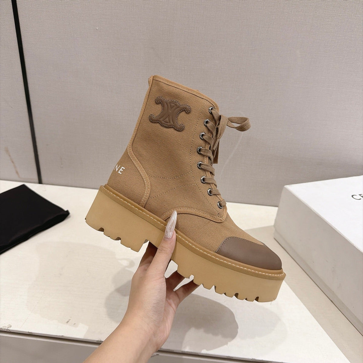 Celine Bulky Boots 4.5cm Beige Canvas 168193