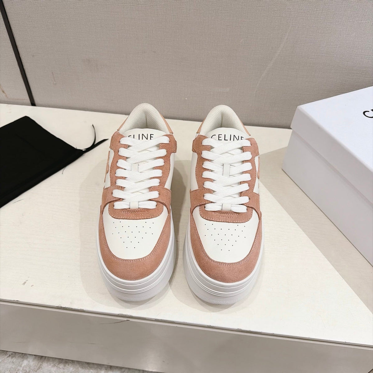 Celine Block Sneakers Pink Beige Suede Leather 168199