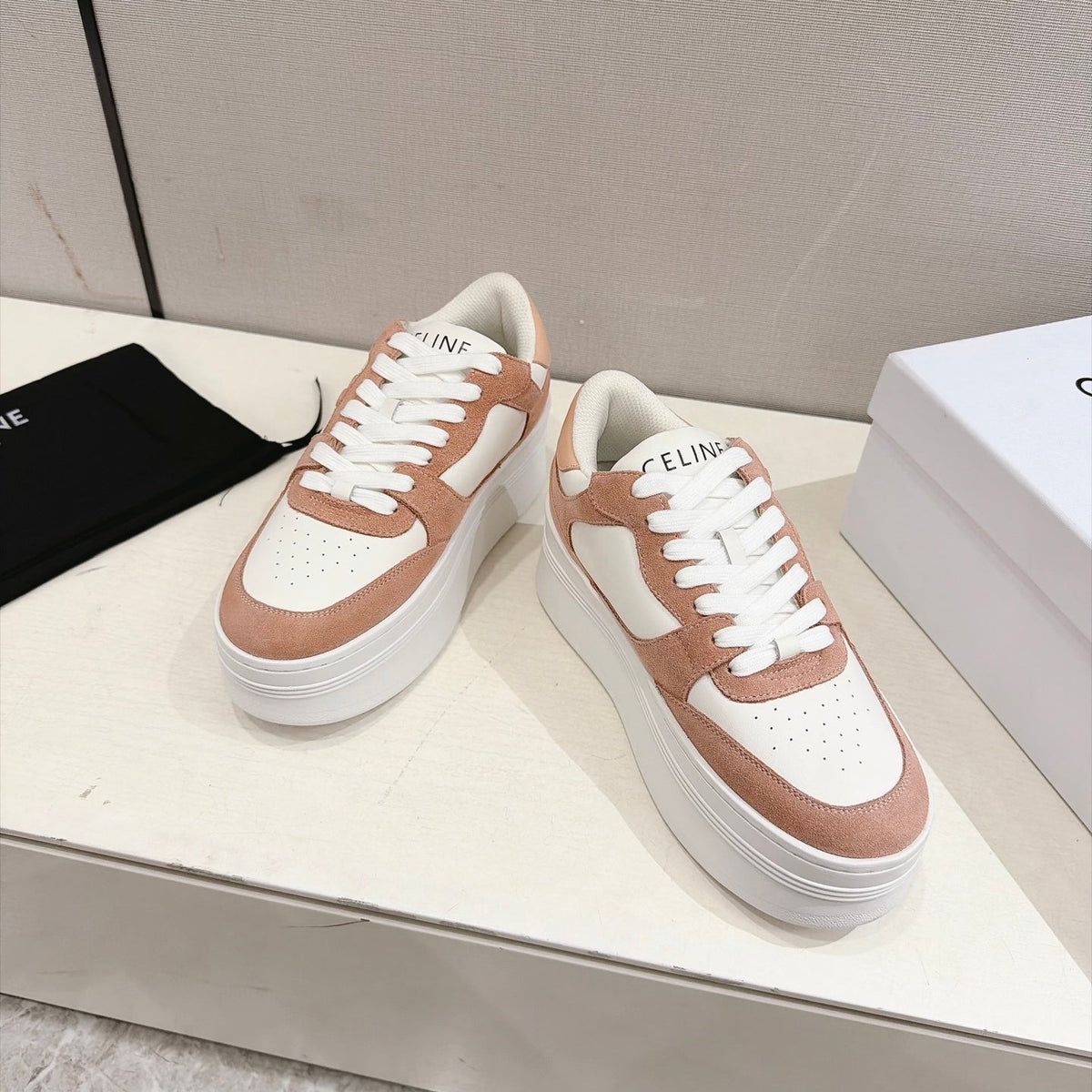 Celine Block Sneakers Pink Beige Suede Leather 168199