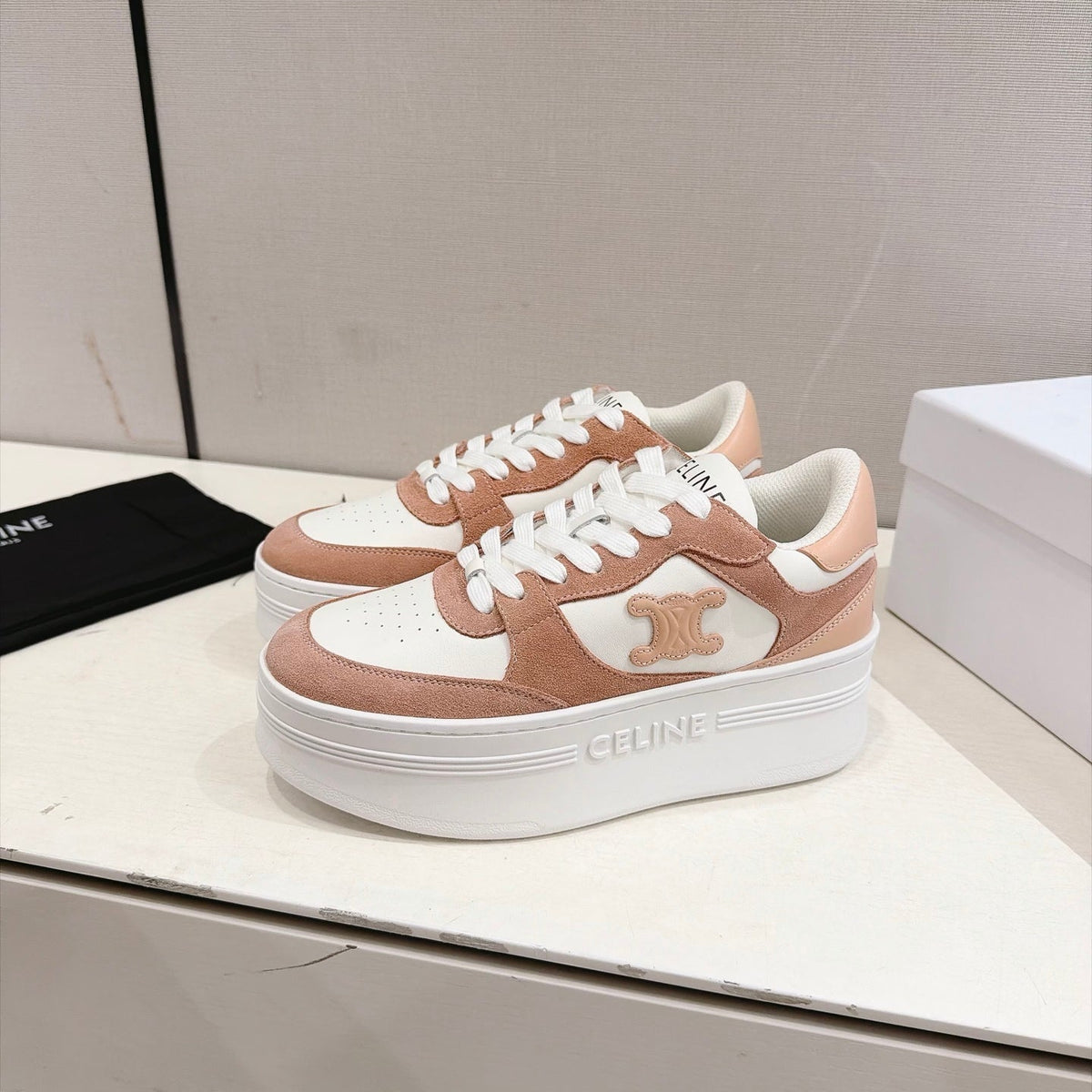 Celine Block Sneakers Pink Beige Suede Leather 168199