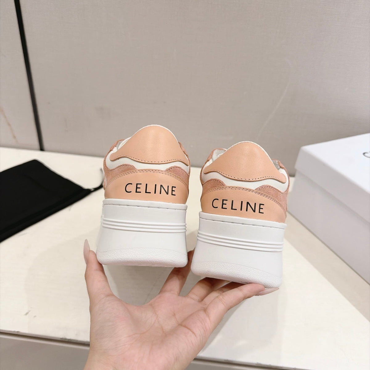 Celine Block Sneakers Pink Beige Suede Leather 168199
