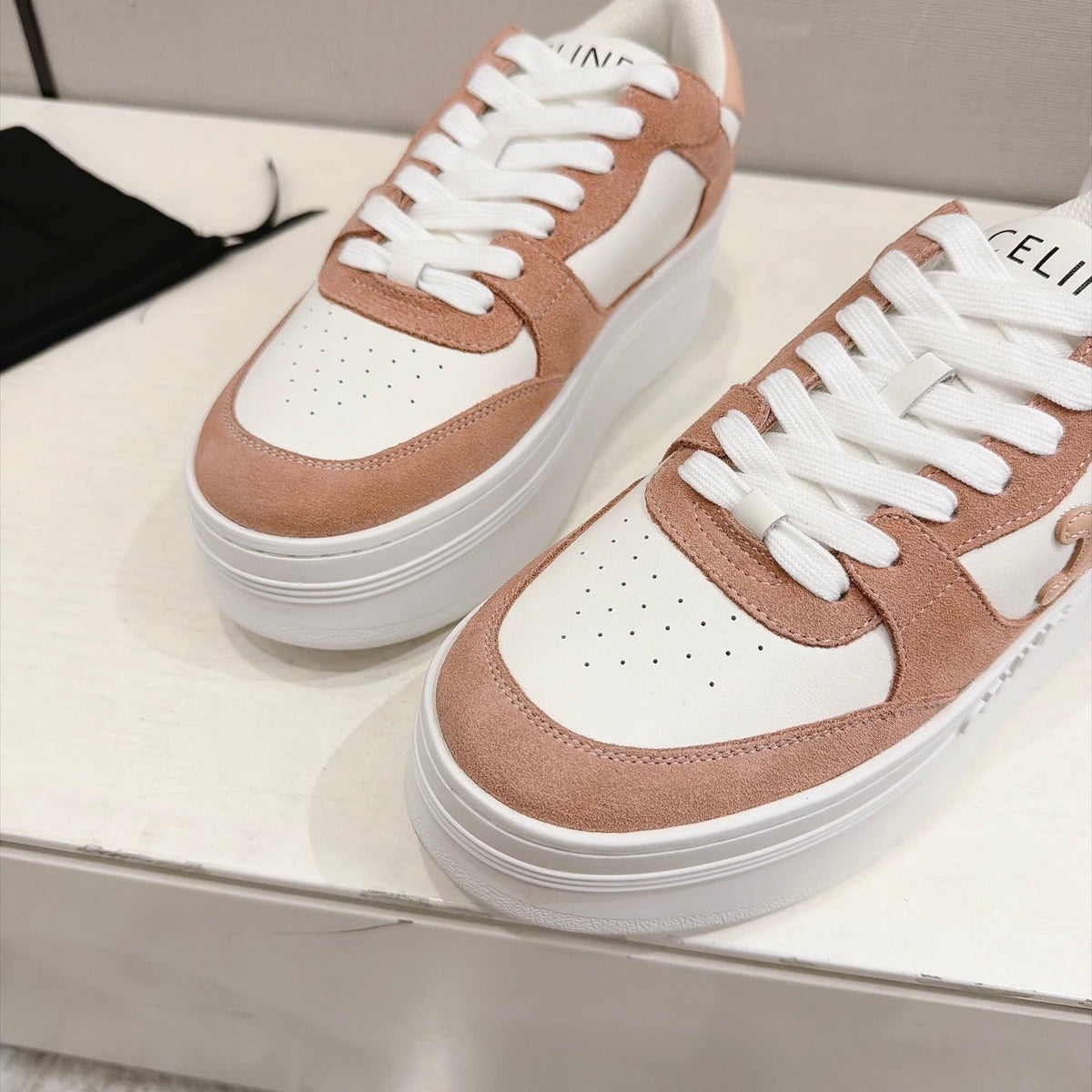 Celine Block Sneakers Pink Beige Suede Leather 168199
