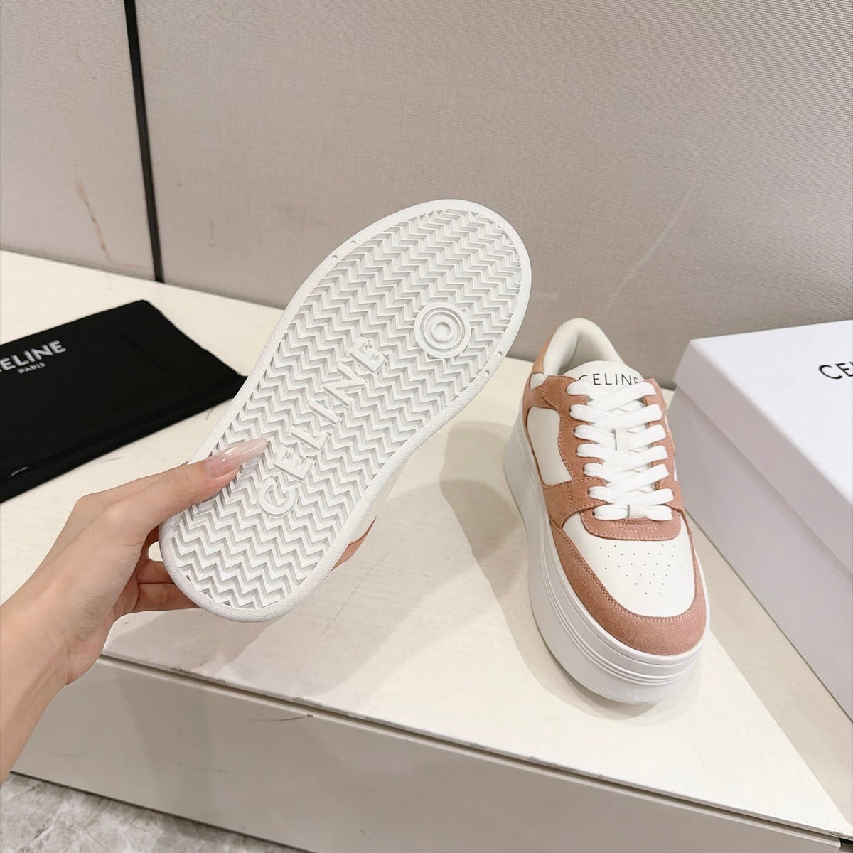 Celine Block Sneakers Pink Beige Suede Leather 168199