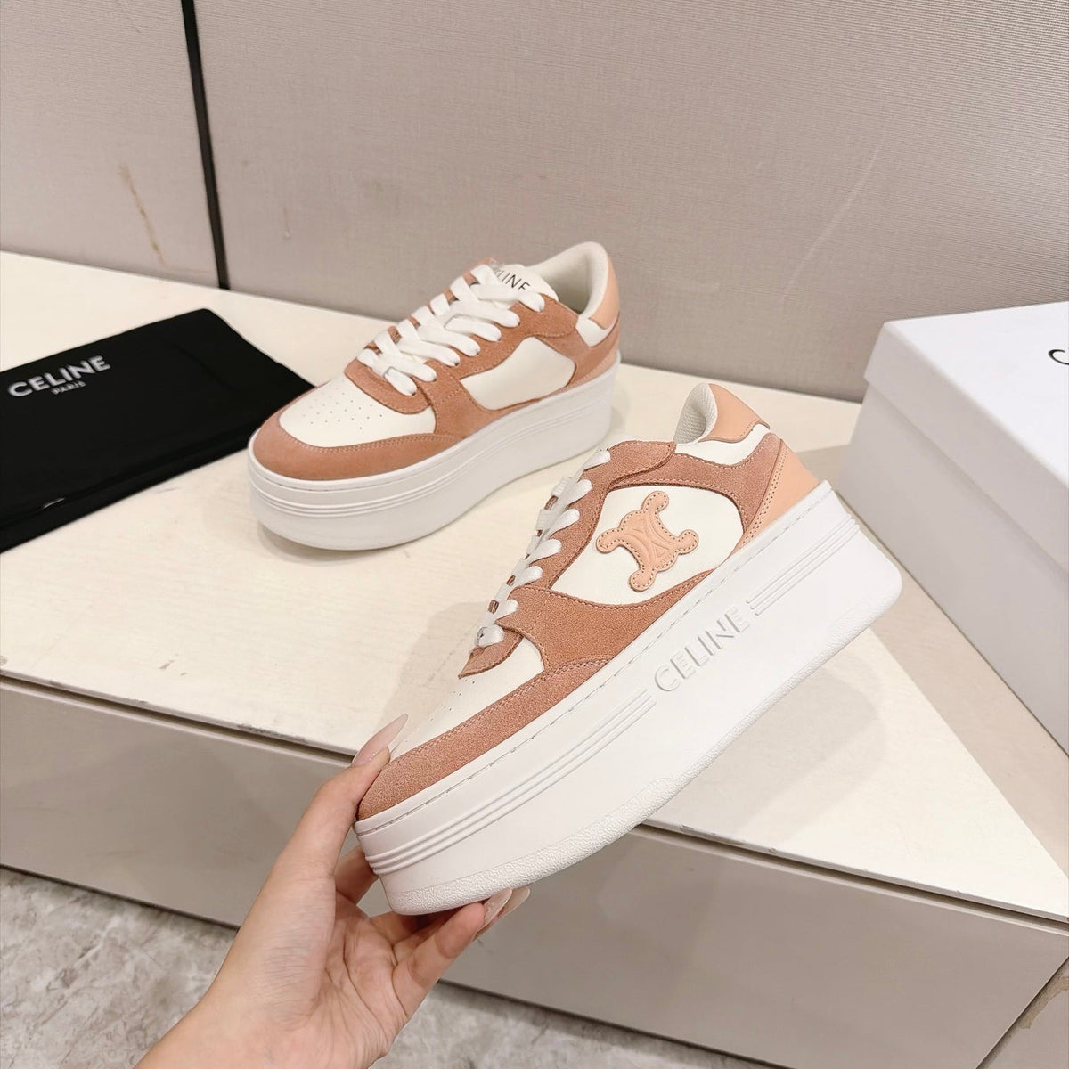 Celine Block Sneakers Pink Beige Suede Leather 168199