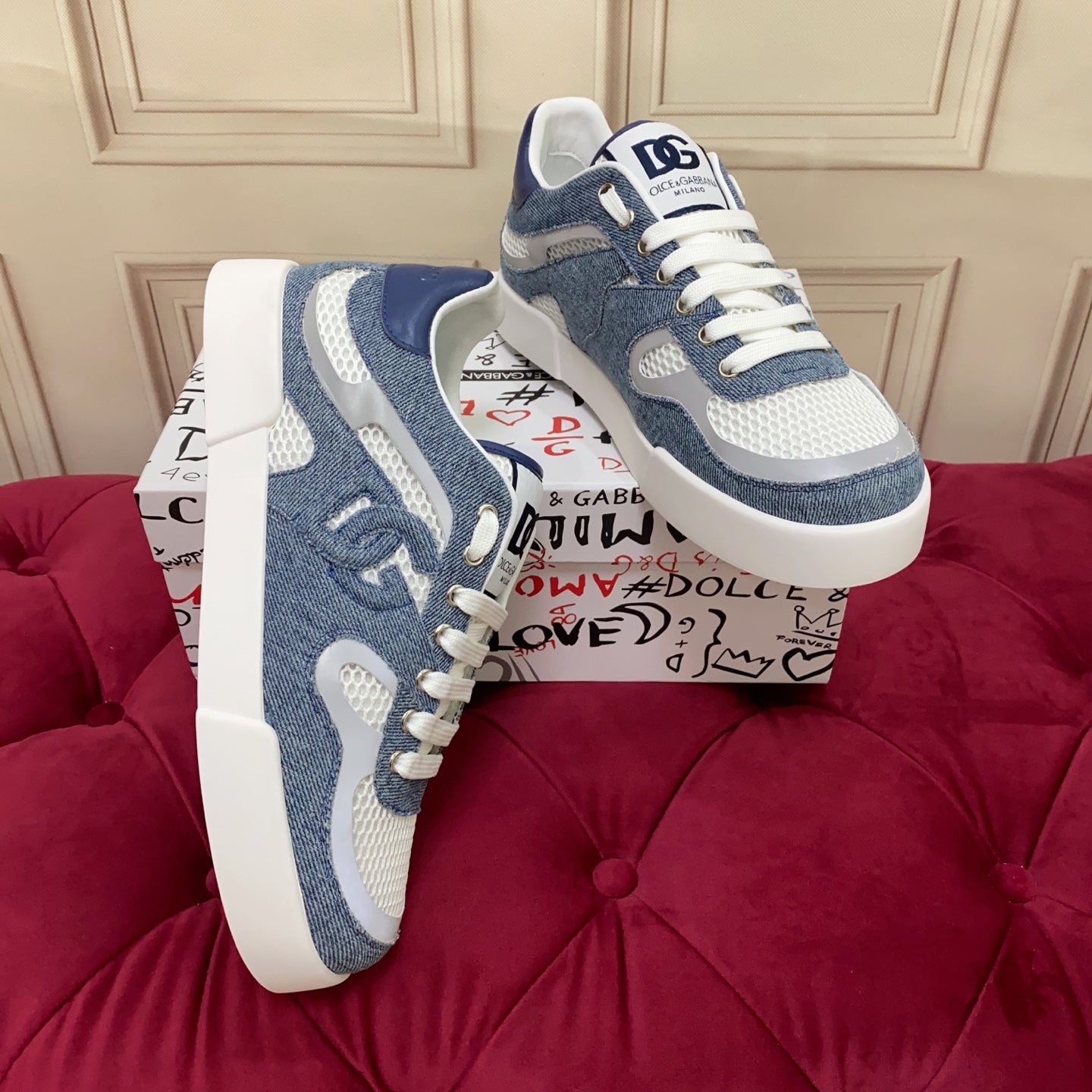 DC 25 Strobel Portofino Light Sneakers White Blue Denim Mesh & Sheepskin 271117