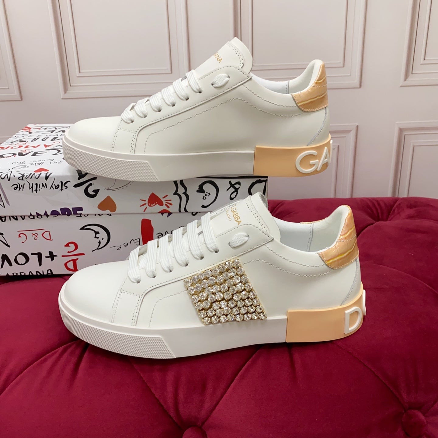 DC 25 Portofino Vintage Sneakers Yellow White Cowhide & Rhinestone Silk 333875