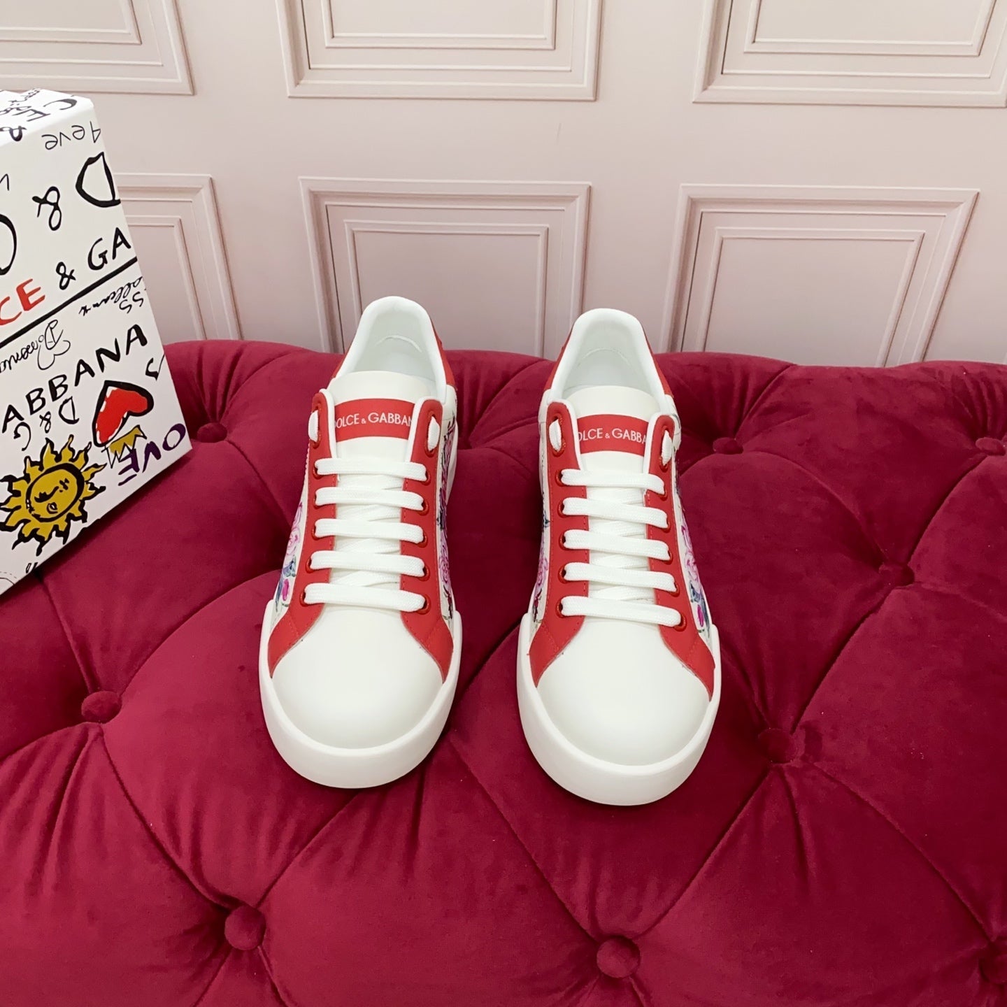 DC 25 Portofino Sneakers White Red Floral-Print Cowhide 354914