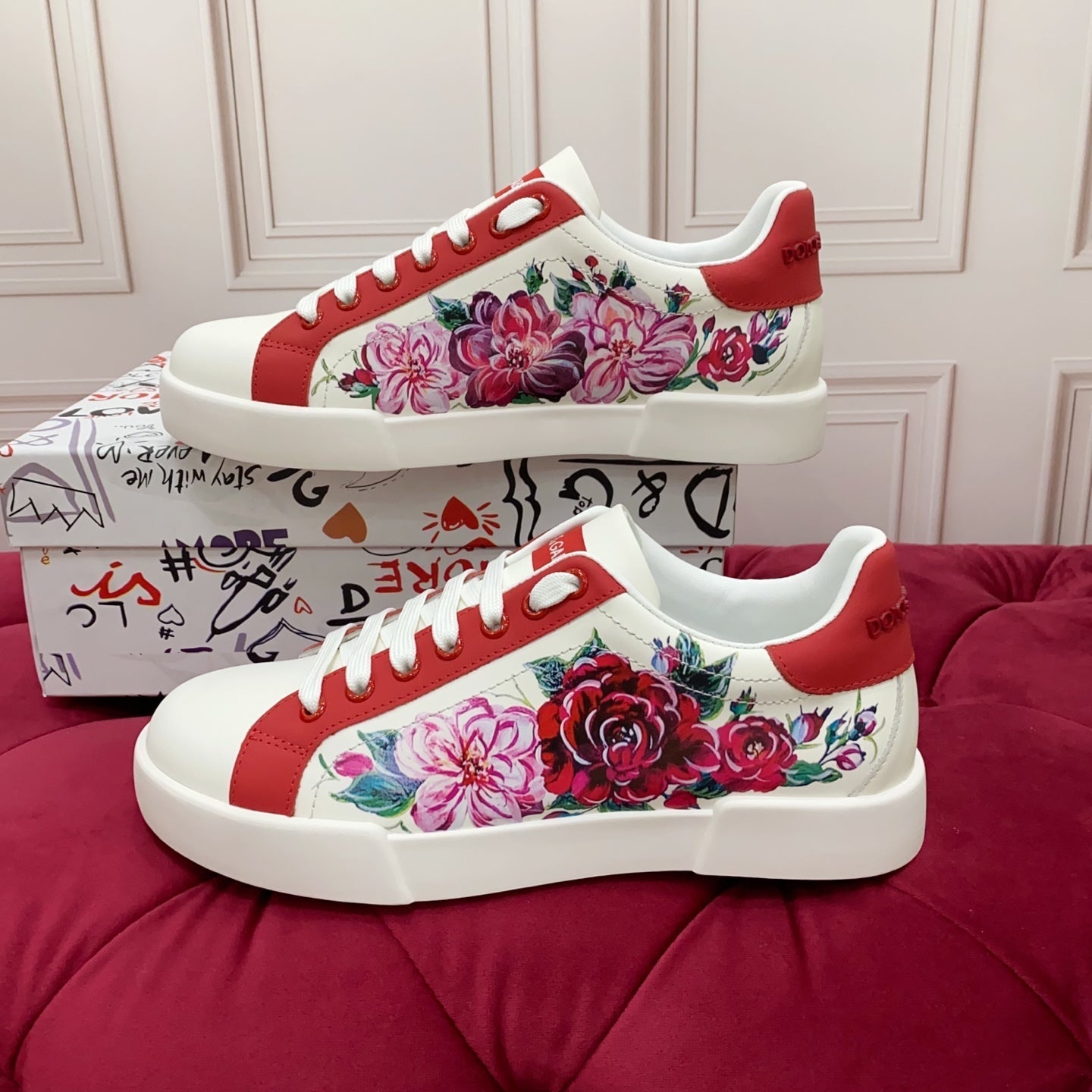 DC 25 Portofino Sneakers White Red Floral-Print Cowhide 354914
