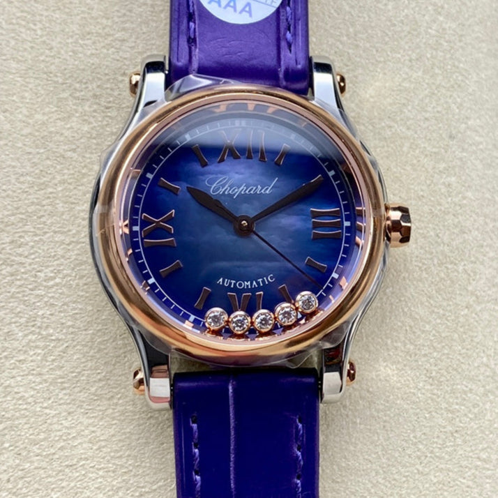 Happy Diamonds 30mm Pink Gold Blue Dial