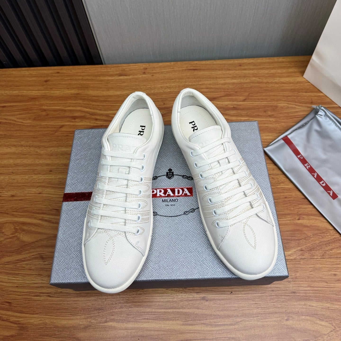 Prada Men's Black Imprint Sneaker White Leather 102332
