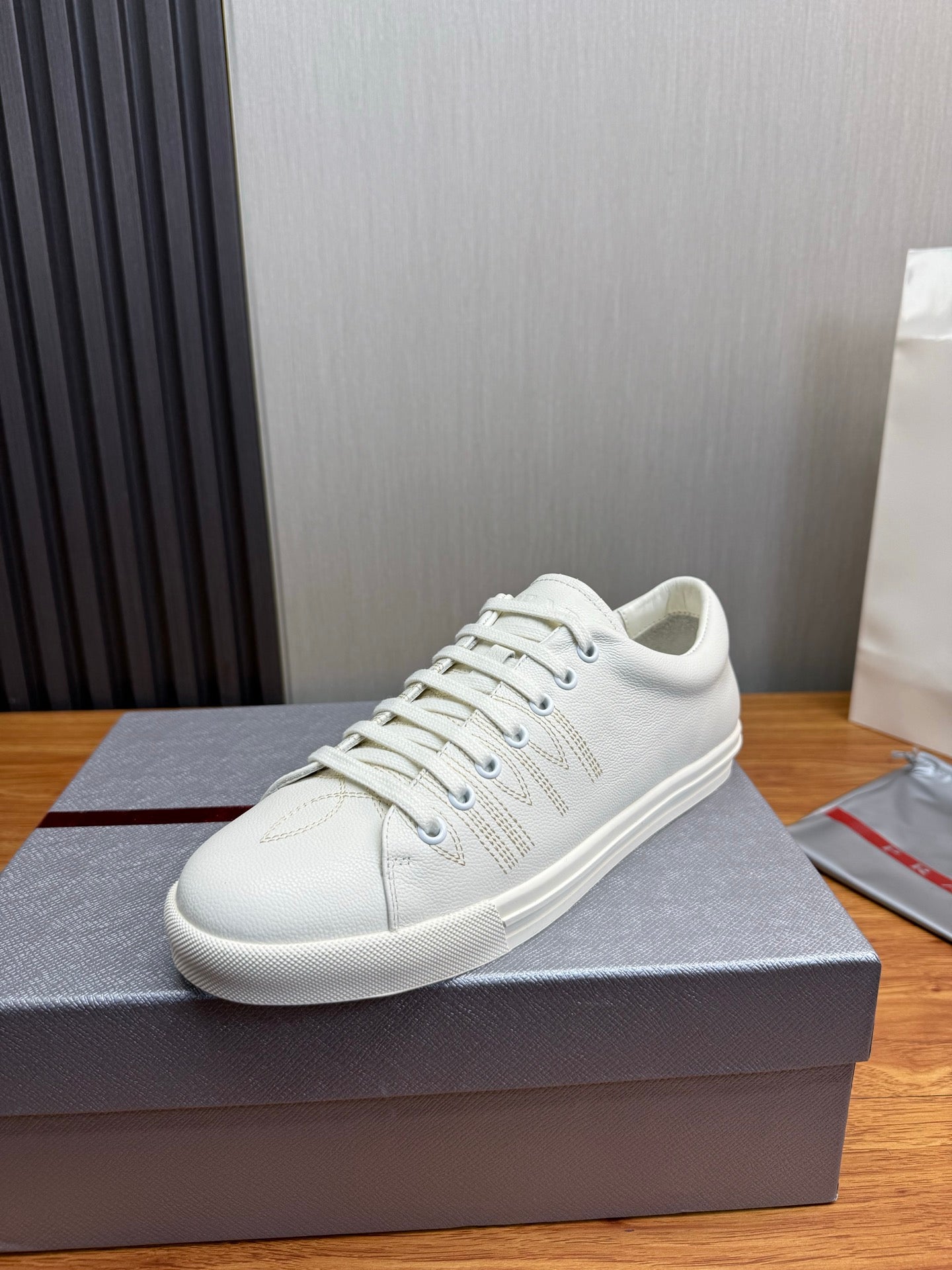 Prada Men's Black Imprint Sneaker White Leather 102332