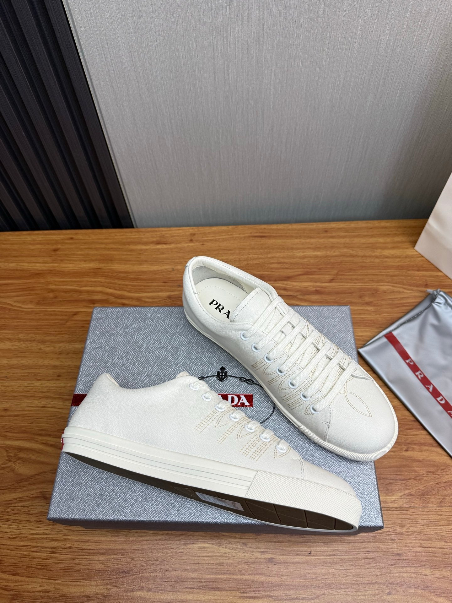 Prada Men's Black Imprint Sneaker White Leather 102332