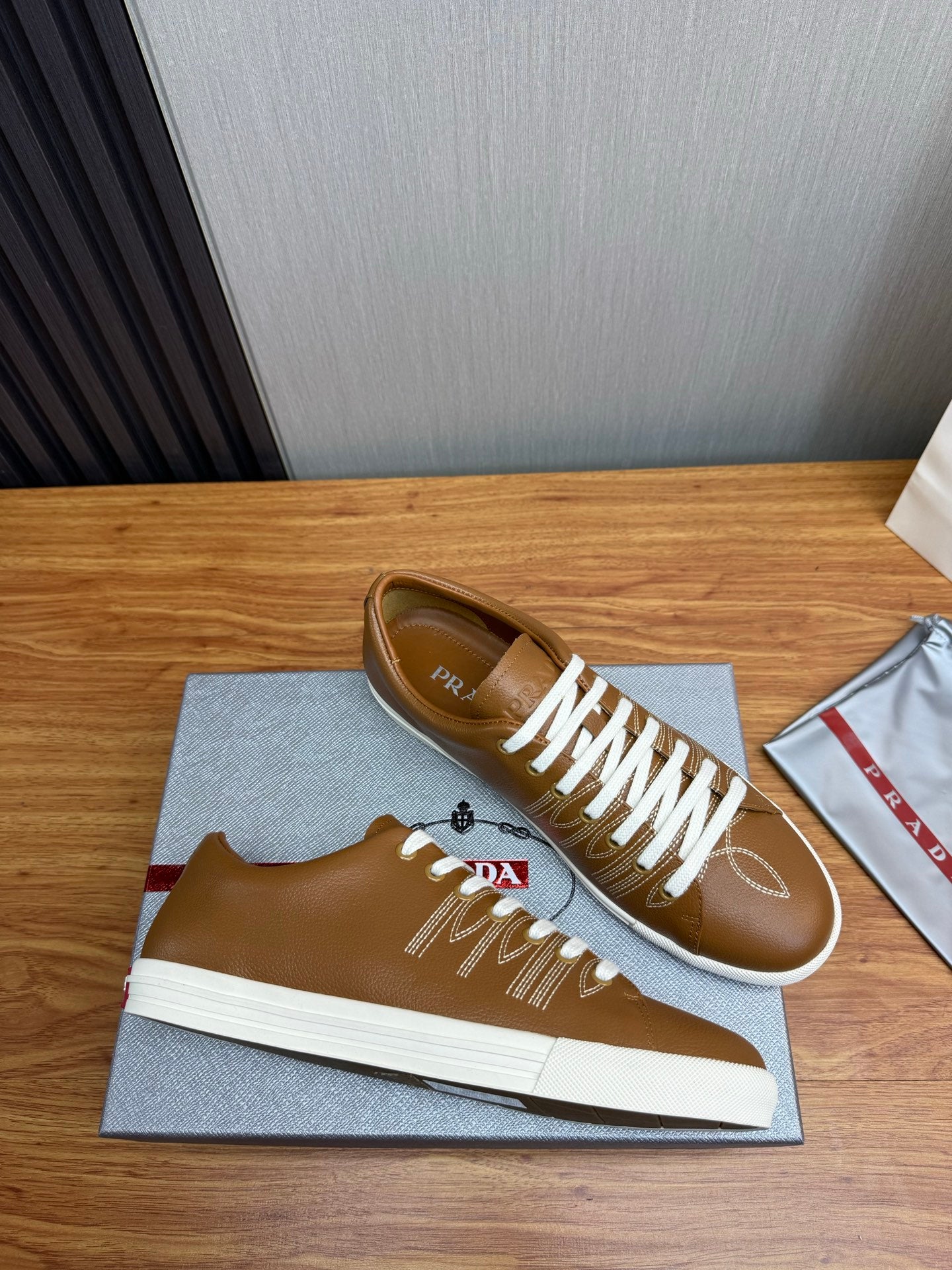 Prada Men's Black Imprint Sneaker Brown Leather 102330