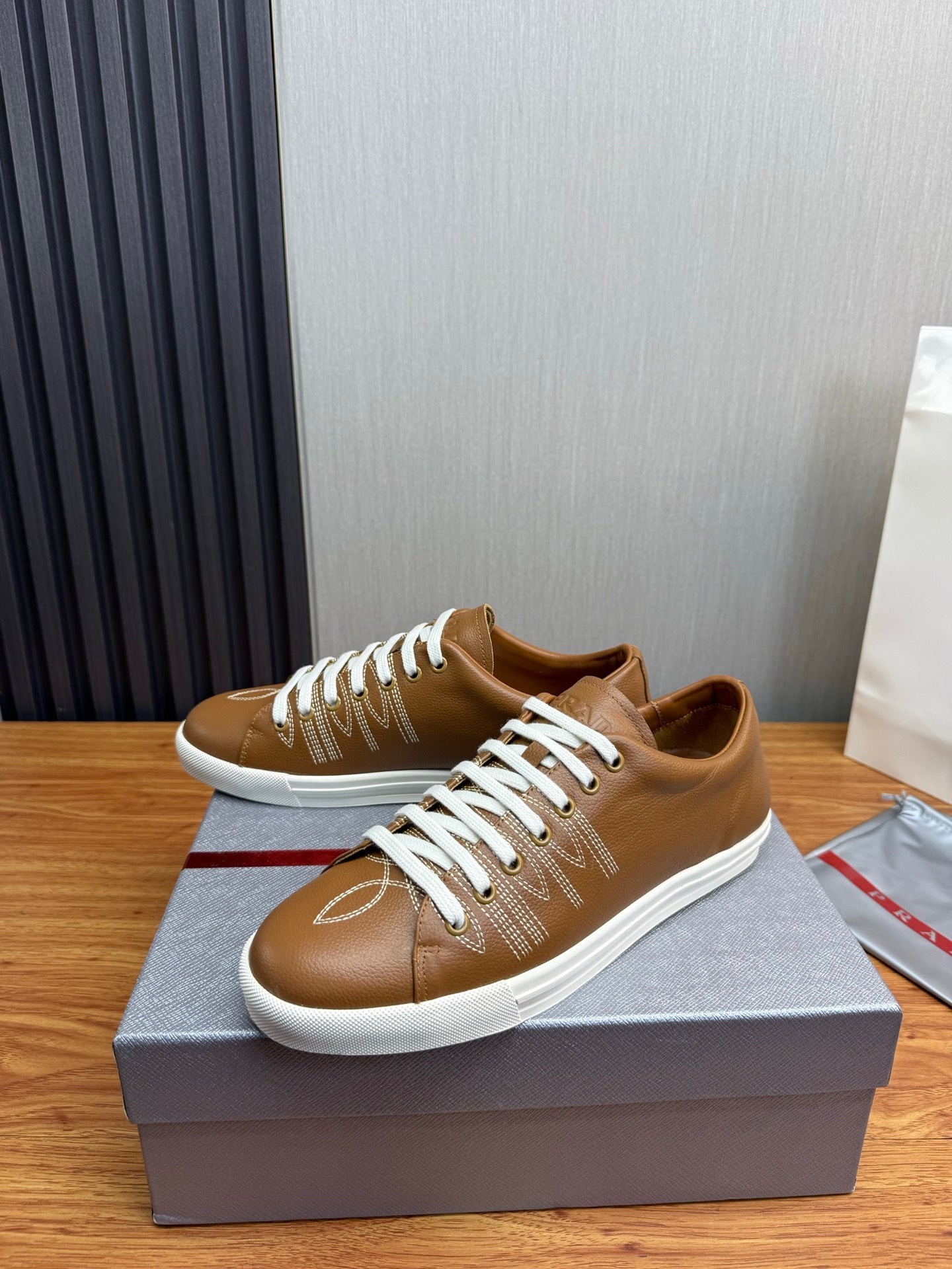Prada Men's Black Imprint Sneaker Brown Leather 102330
