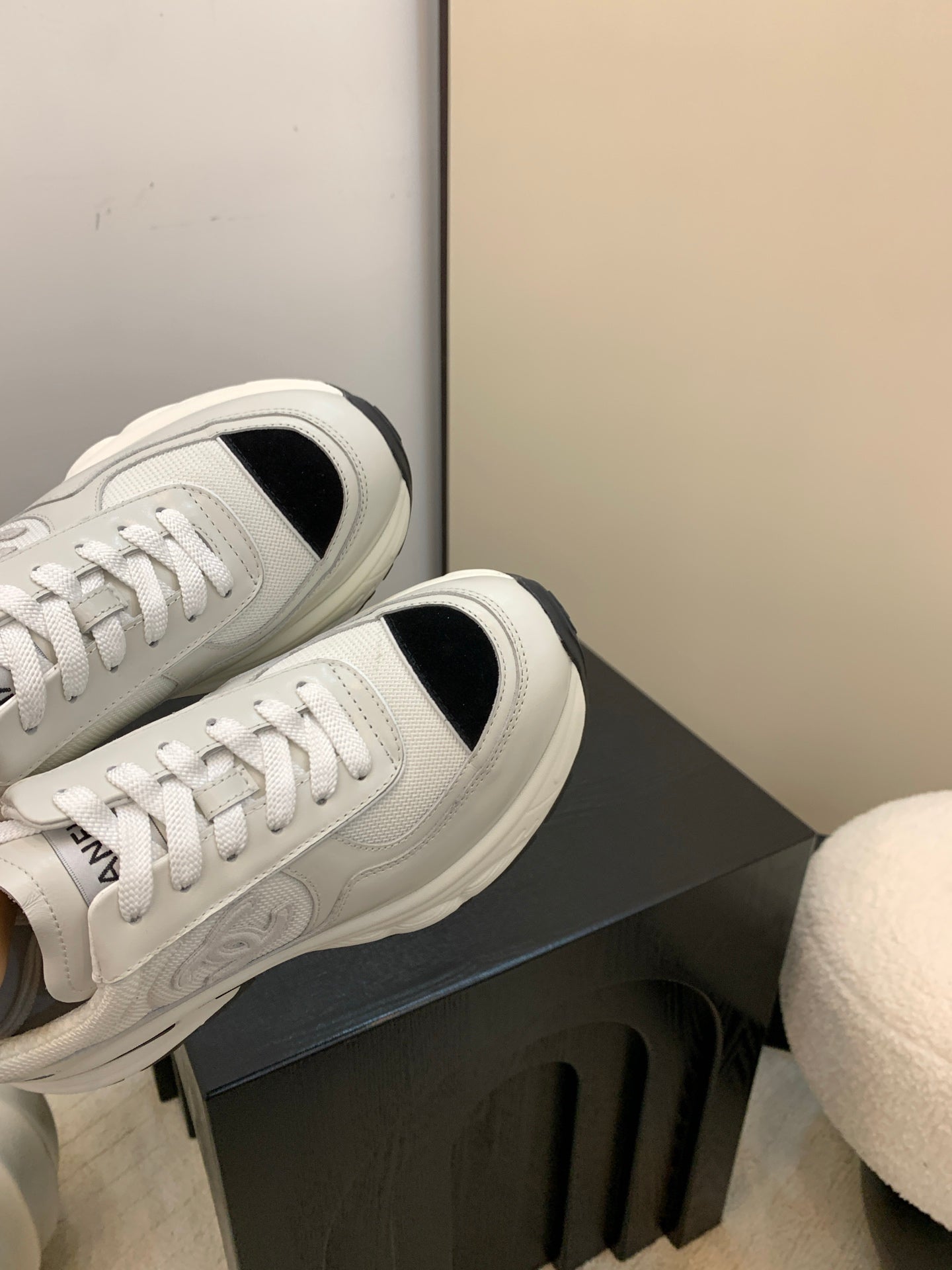 Chanel Sneakers Gray Black Leather And Mesh Fabric 537187