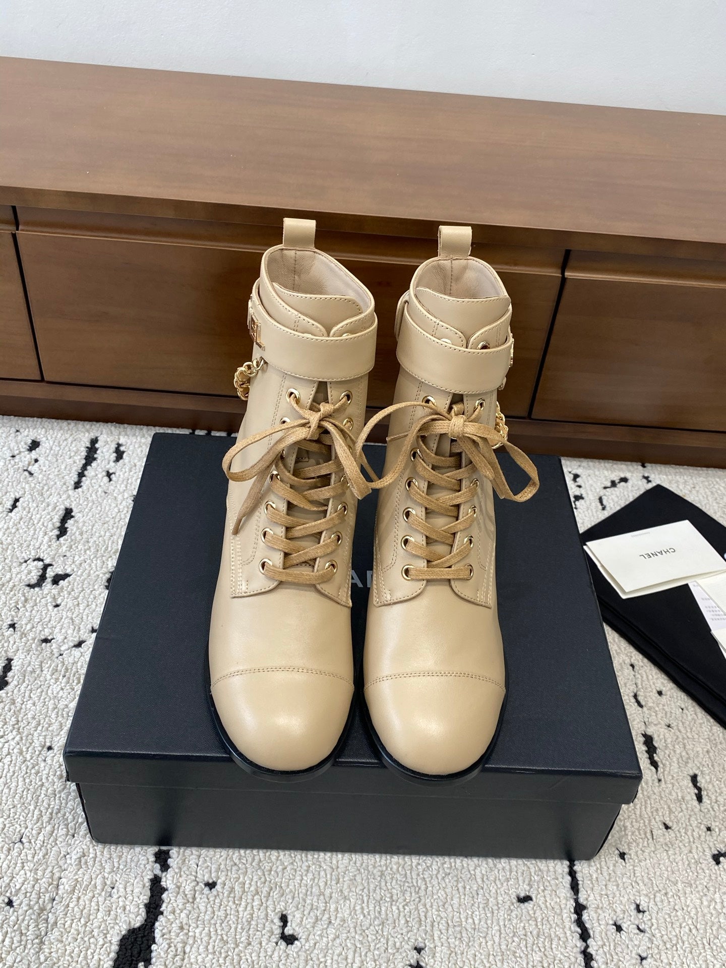 CC Ankle Boots 50mm With Chain Strap Beige Calfskin 529291