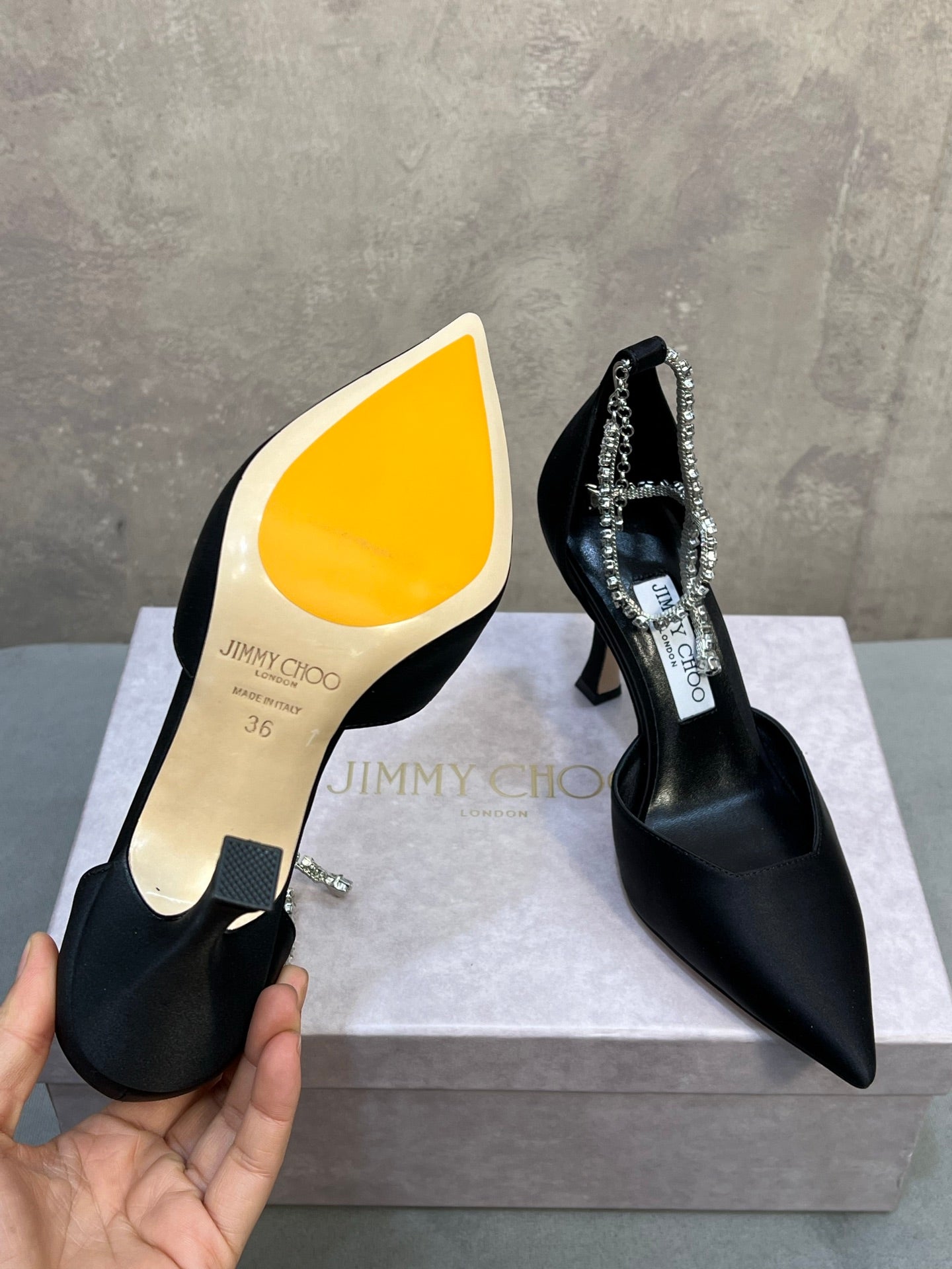 Jimmy 26 Stevie Pump 10cm Black Crystal Satin 682959