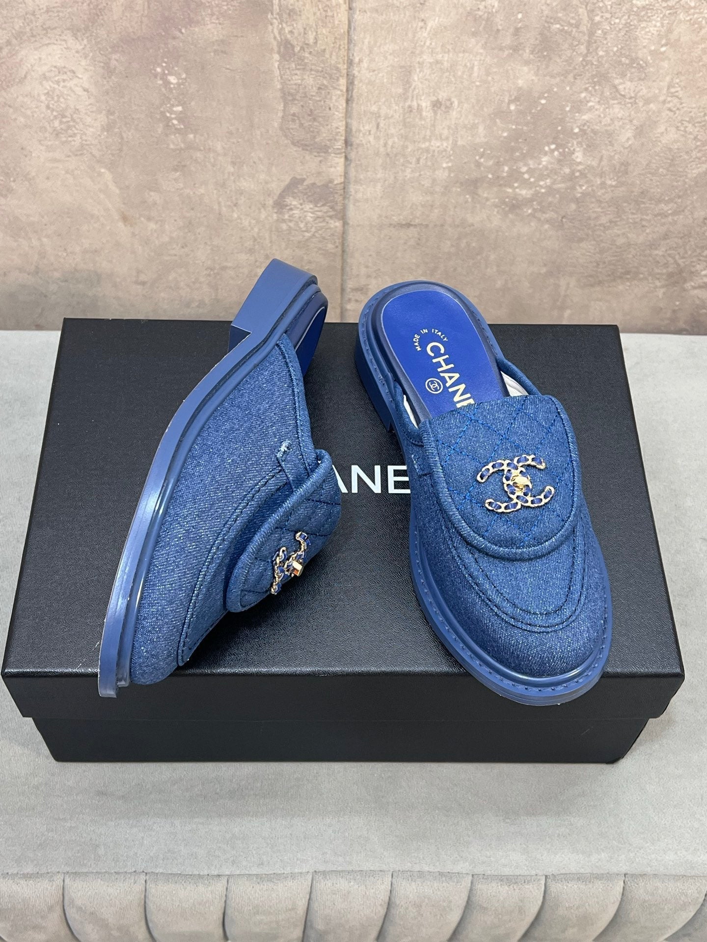 CC 26s Mule Loafers Blue Denim With Quilted Flap