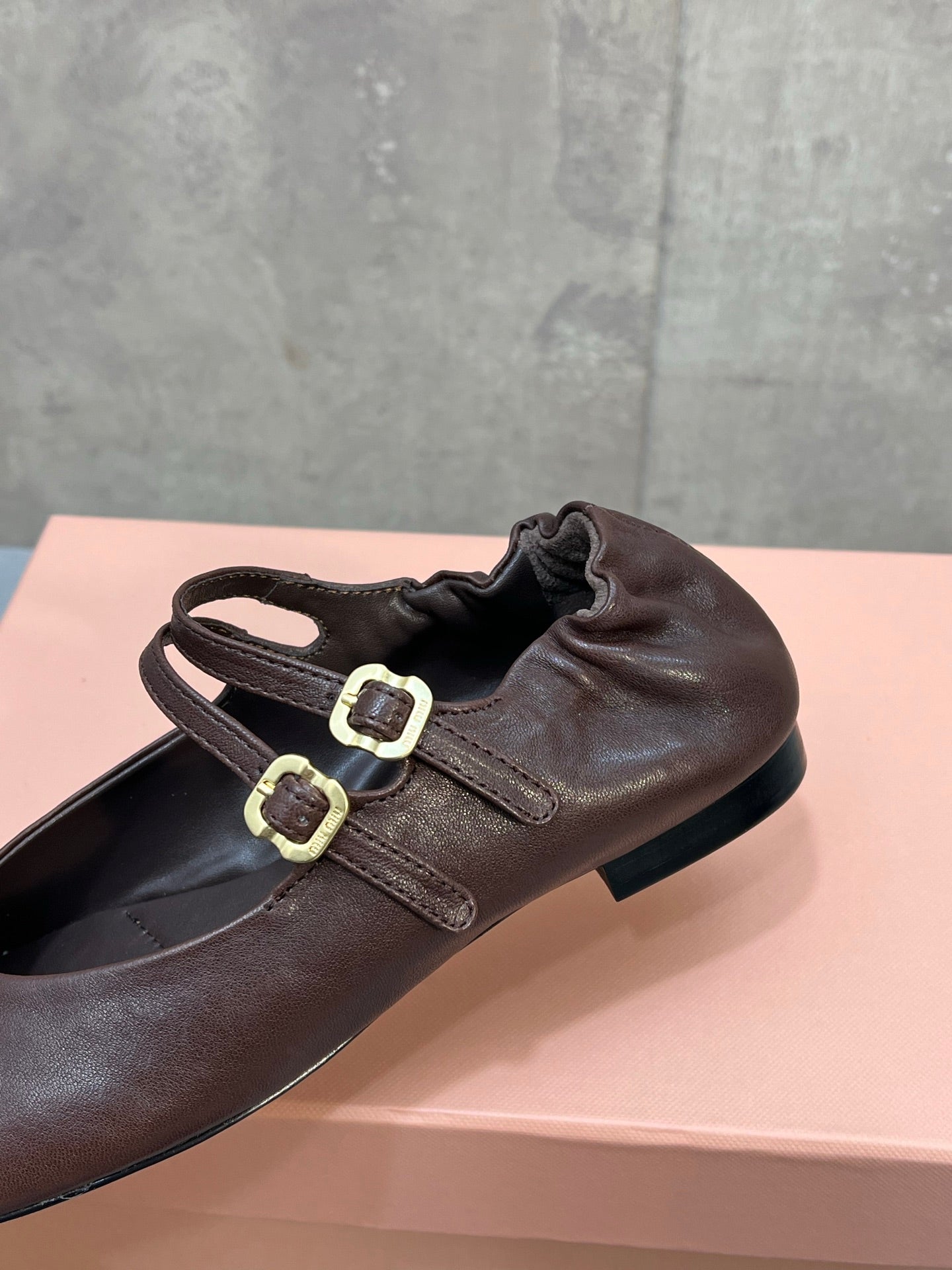 Miu 26s Double Strap Mary Jane Flats In Dark Brown Sheepskin