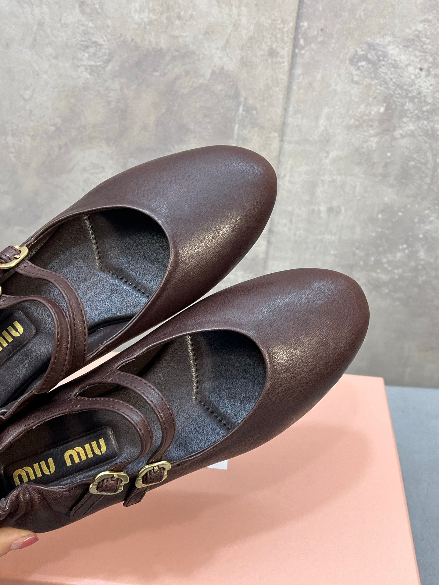 Miu 26s Double Strap Mary Jane Flats In Dark Brown Sheepskin