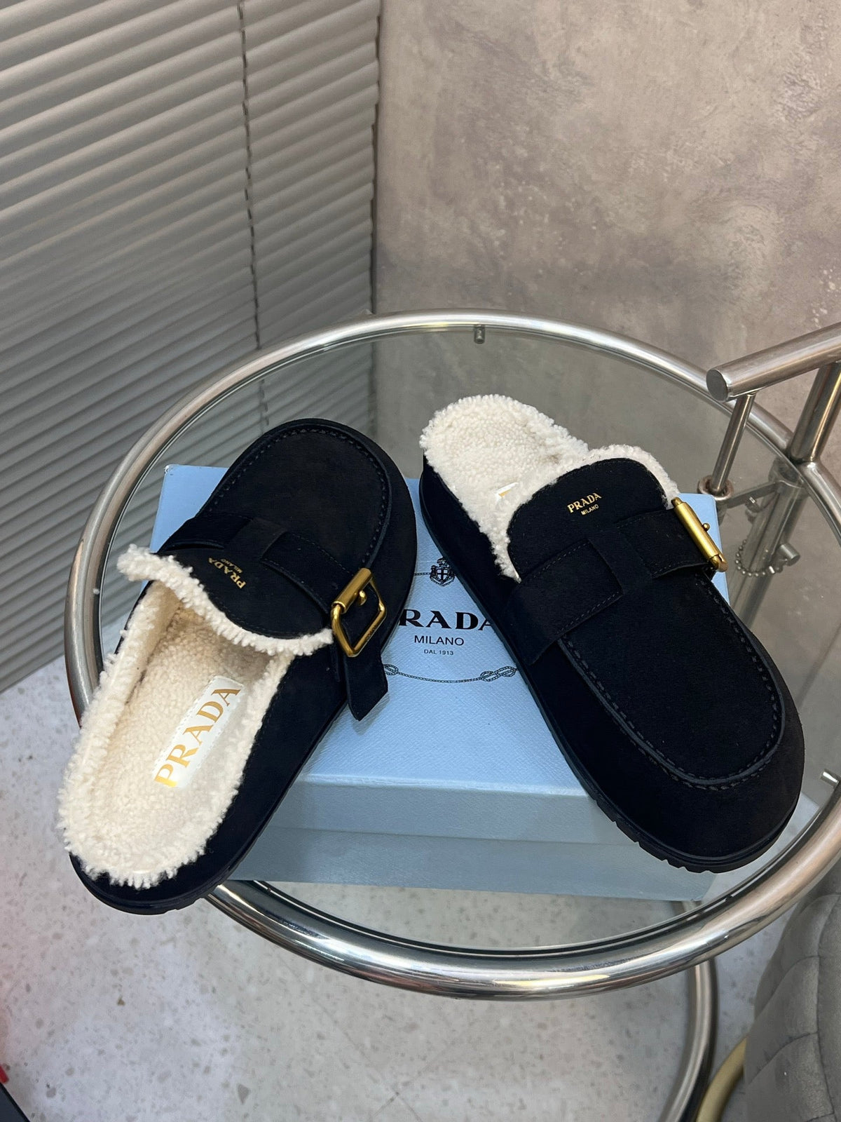 Prada 26s Mules Black Suede Shearing 952903