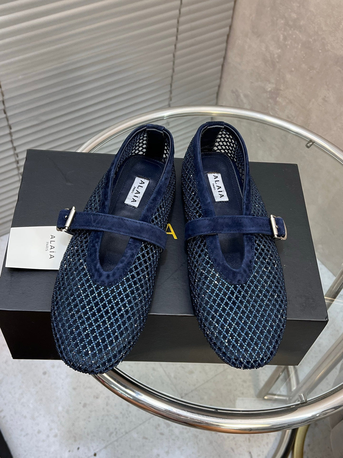 Alaia 2026 Strass Mesh Mary Janes Navy Suede 195860