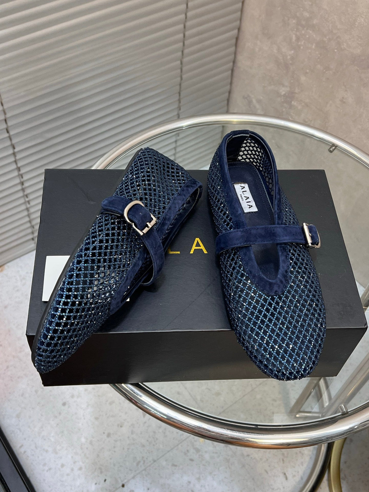 Alaia 2026 Strass Mesh Mary Janes Navy Suede 195860