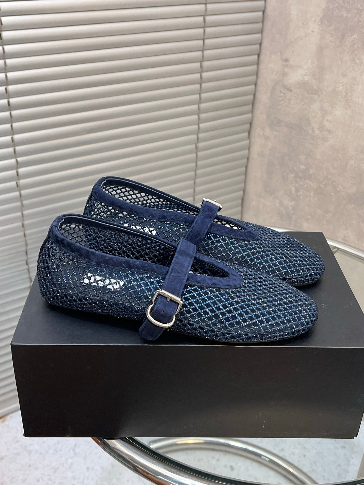 Alaia 2026 Strass Mesh Mary Janes Navy Suede 195860