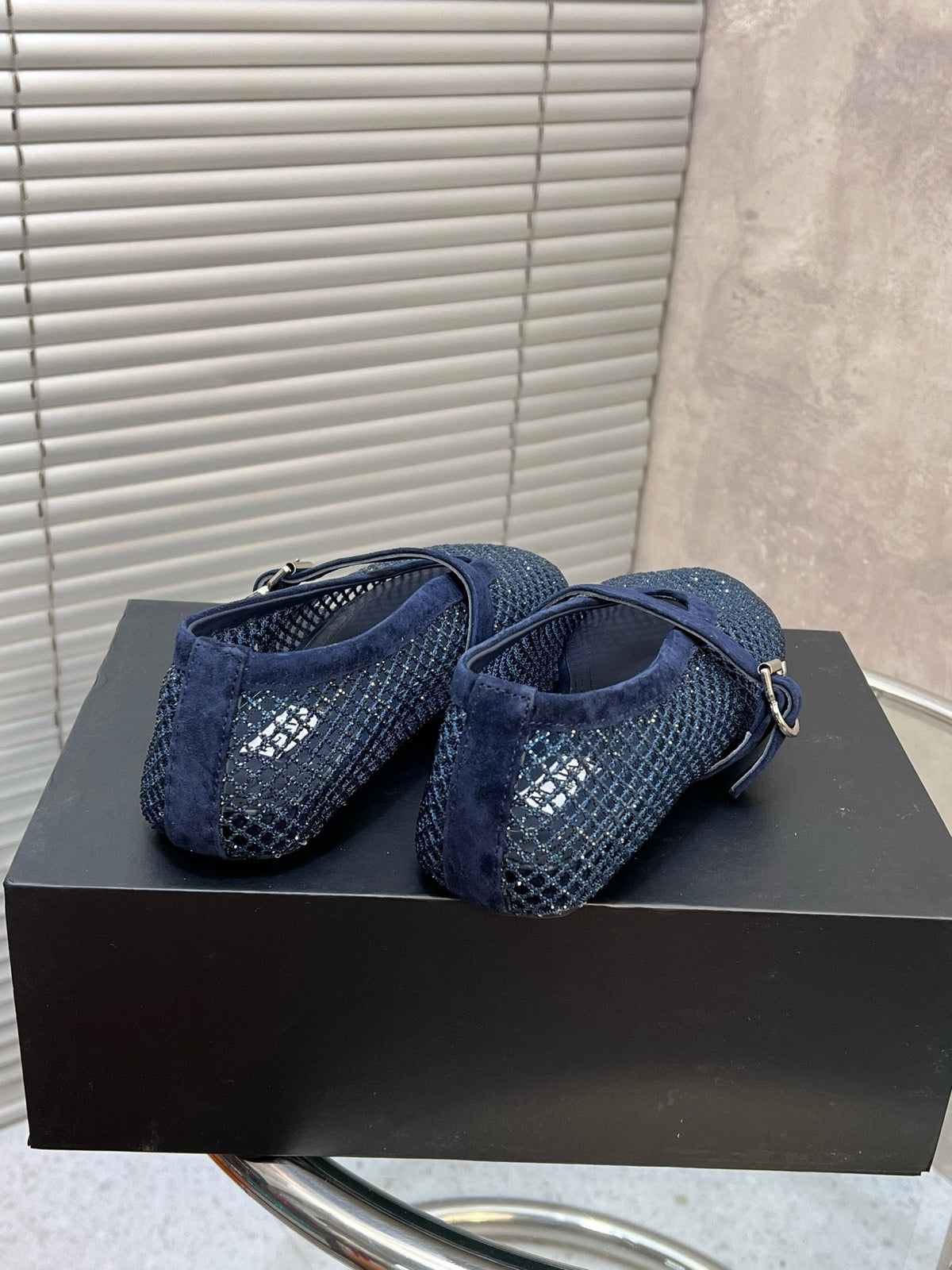 Alaia 2026 Strass Mesh Mary Janes Navy Suede 195860