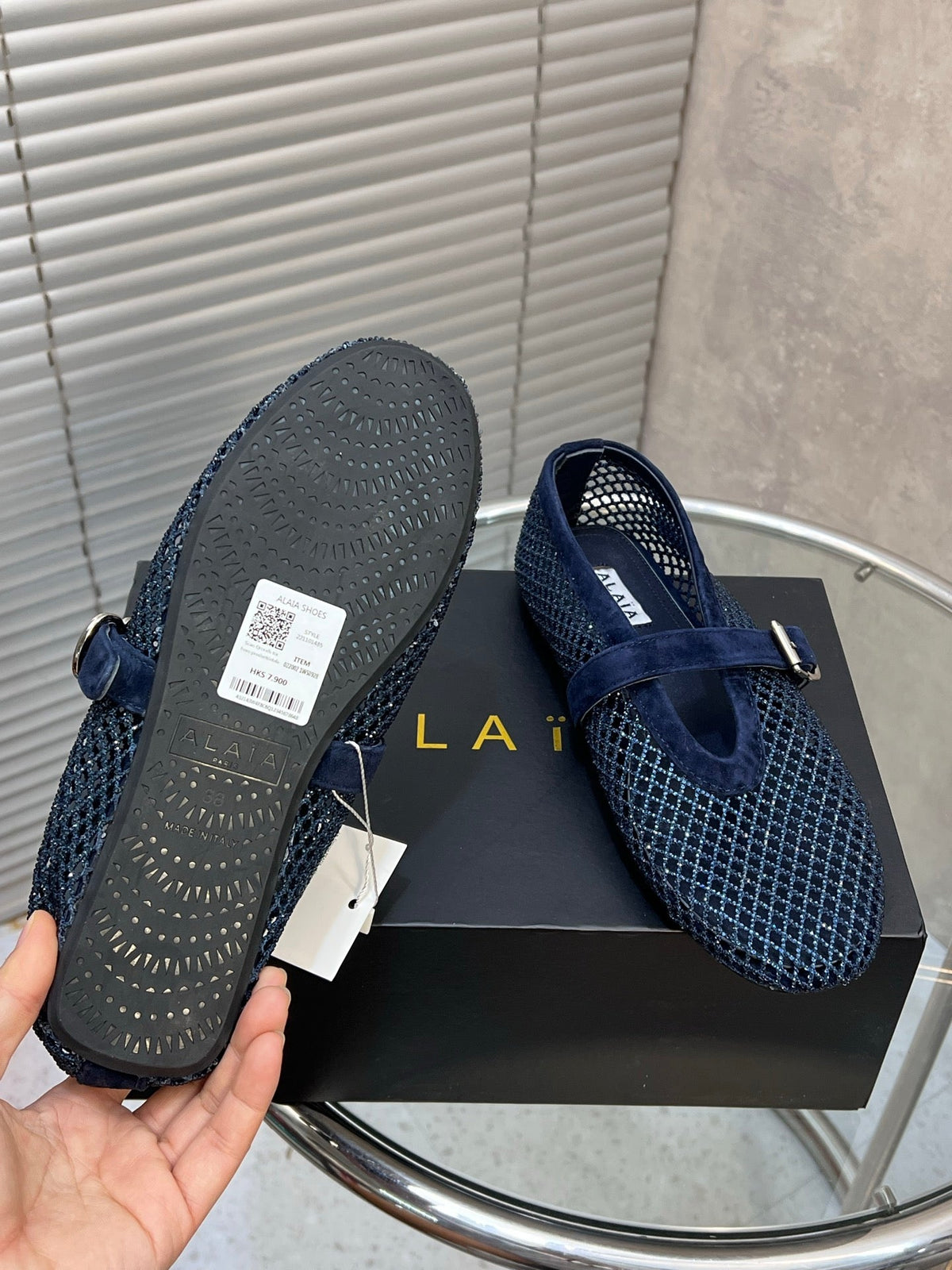 Alaia 2026 Strass Mesh Mary Janes Navy Suede 195860