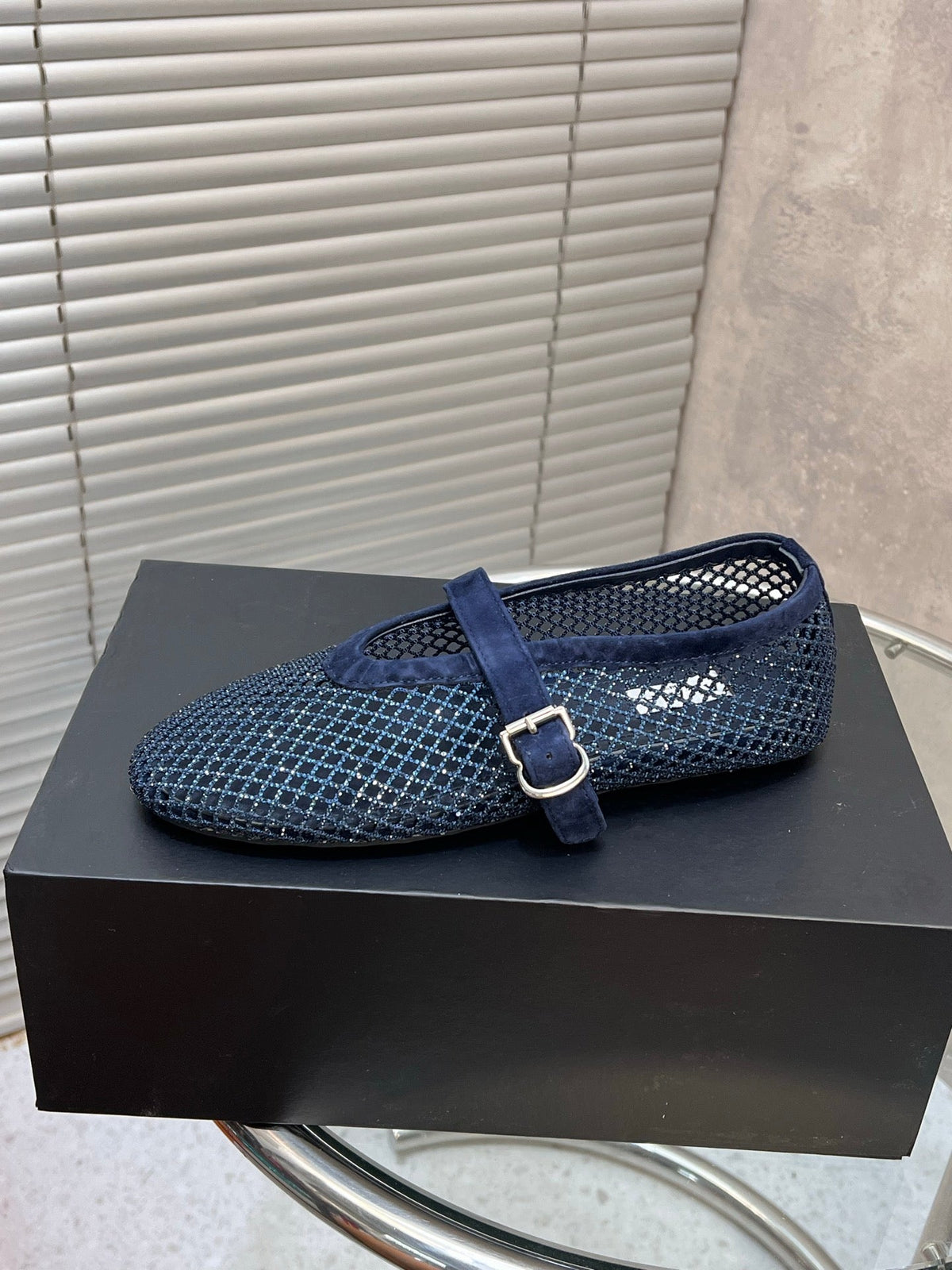 Alaia 2026 Strass Mesh Mary Janes Navy Suede 195860