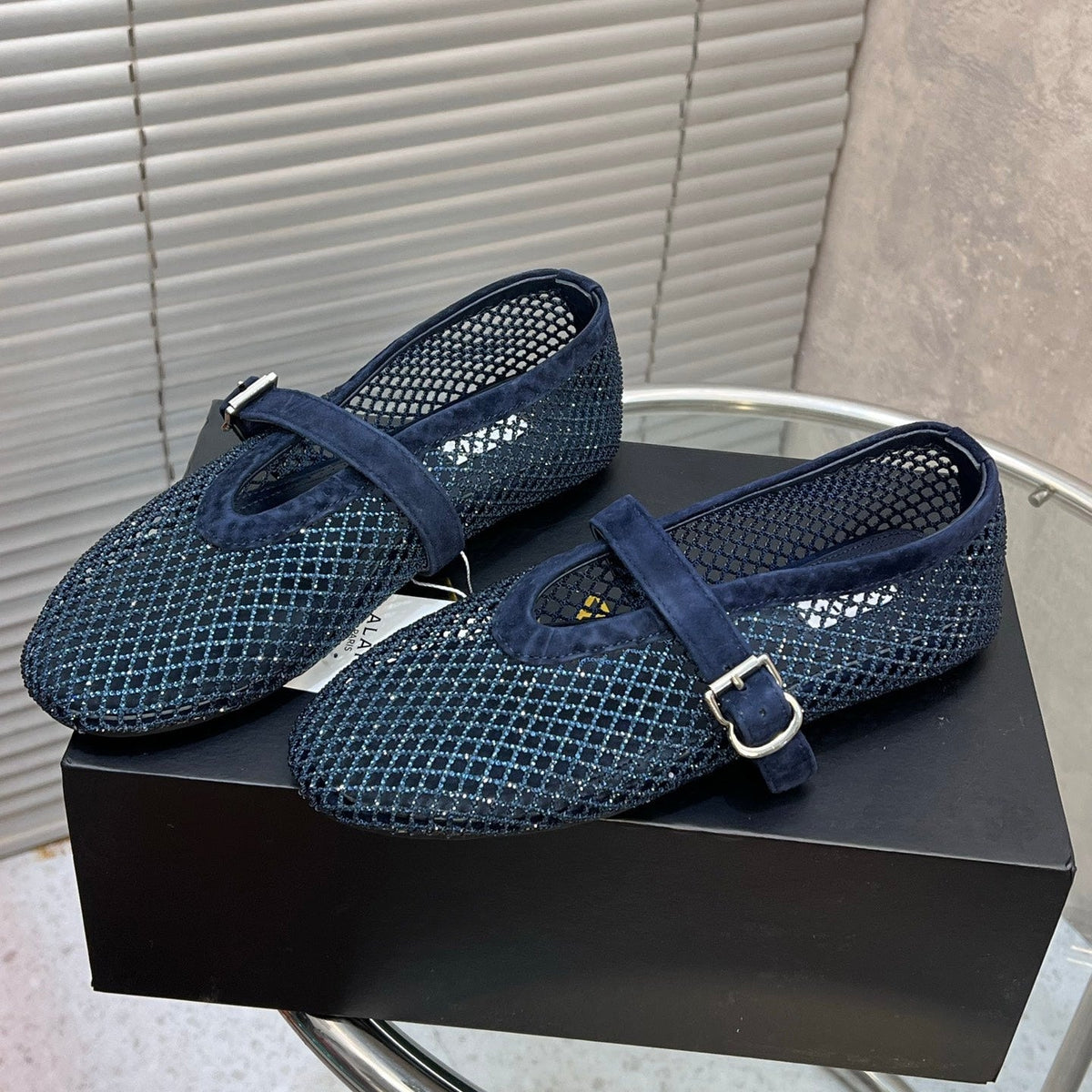 Alaia 2026 Strass Mesh Mary Janes Navy Suede 195860