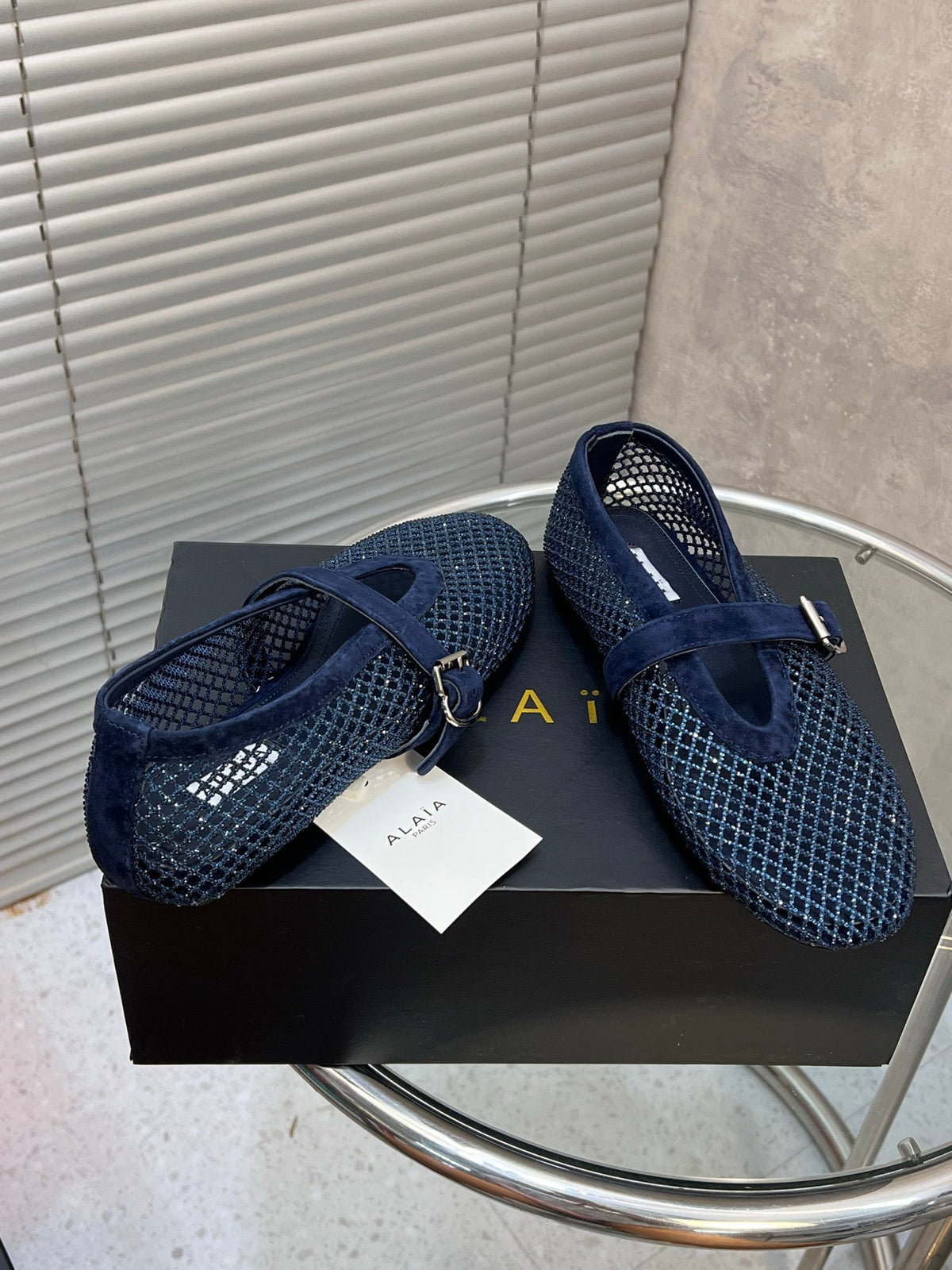 Alaia 2026 Strass Mesh Mary Janes Navy Suede 195860