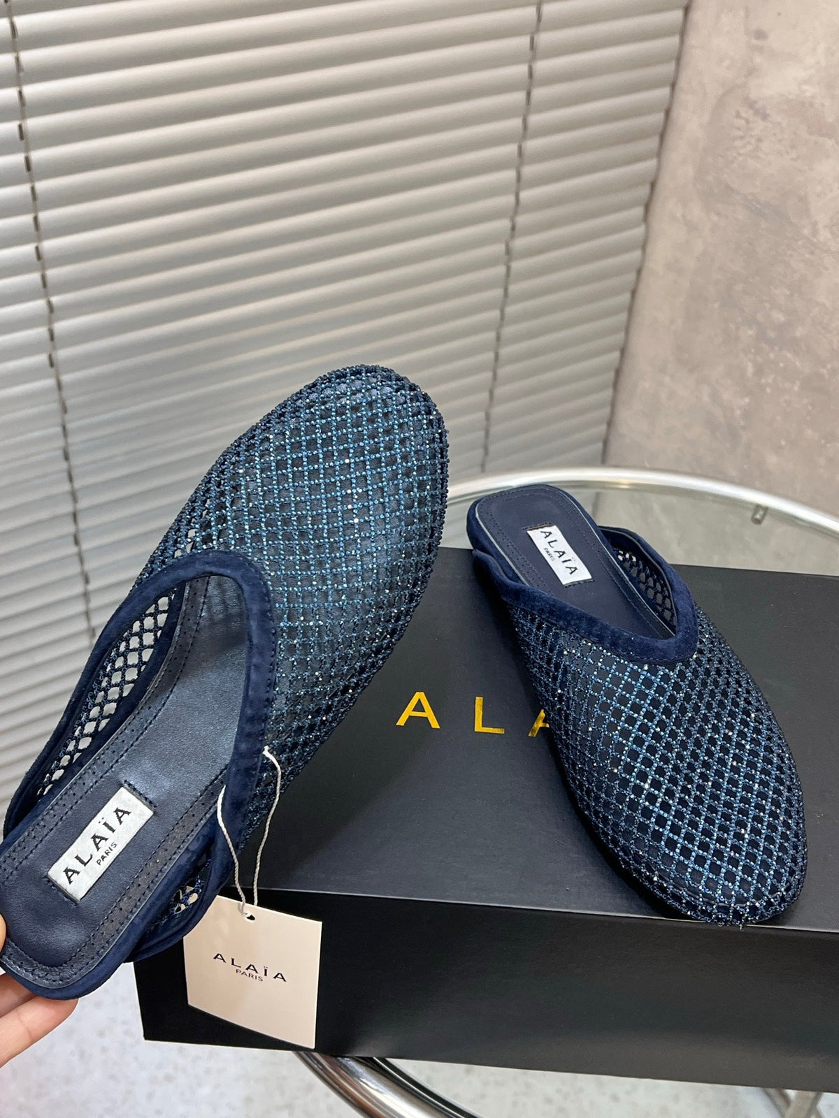 Alaia 2026 Strass Mesh Flats Navy Suede 195865