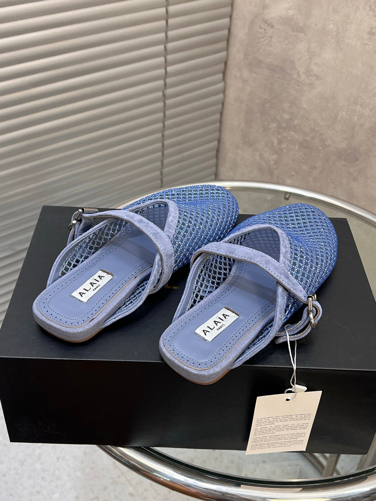 Alaia 2026 Strass Mesh Mules Light Blue Suede 195867