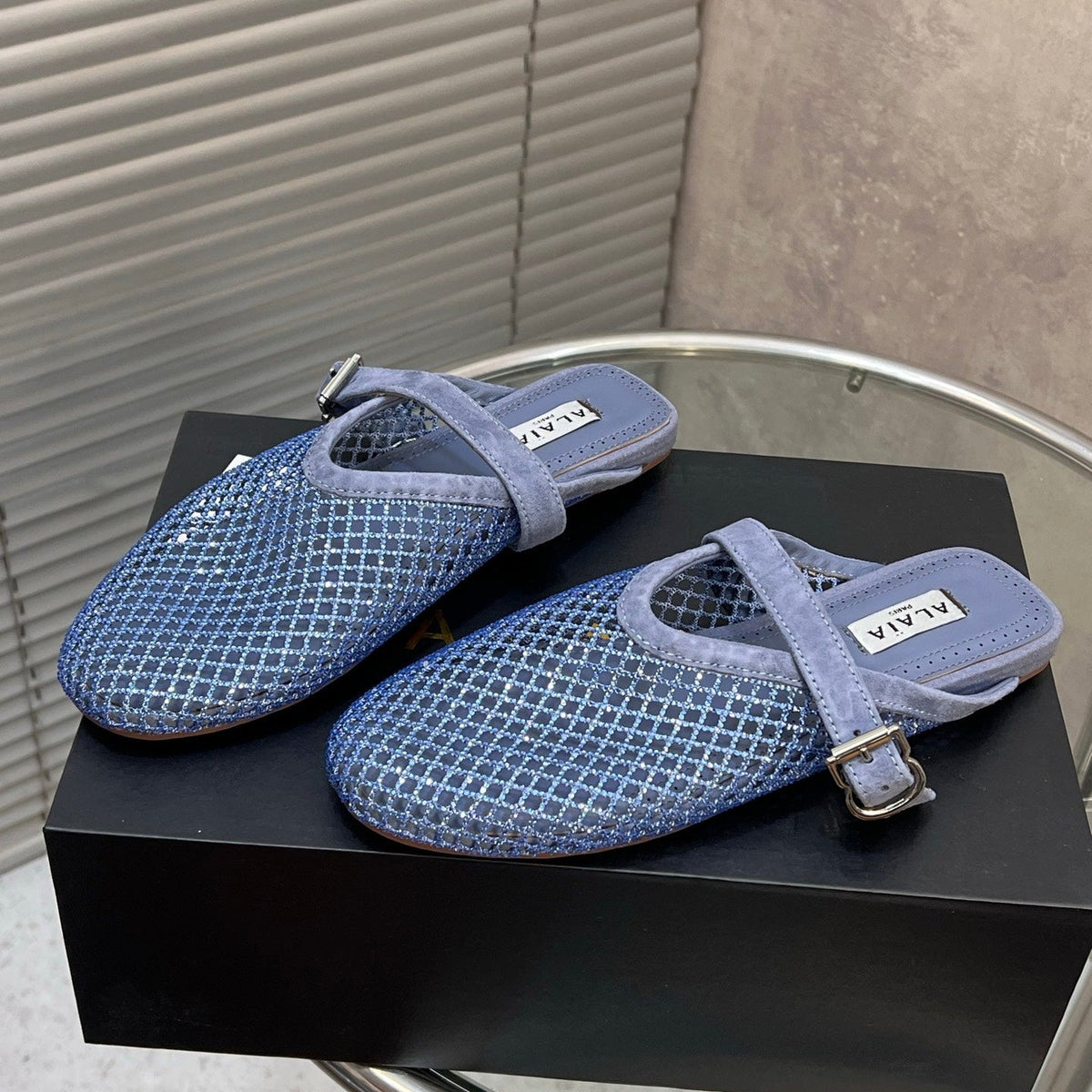 Alaia 2026 Strass Mesh Mules Light Blue Suede 195867