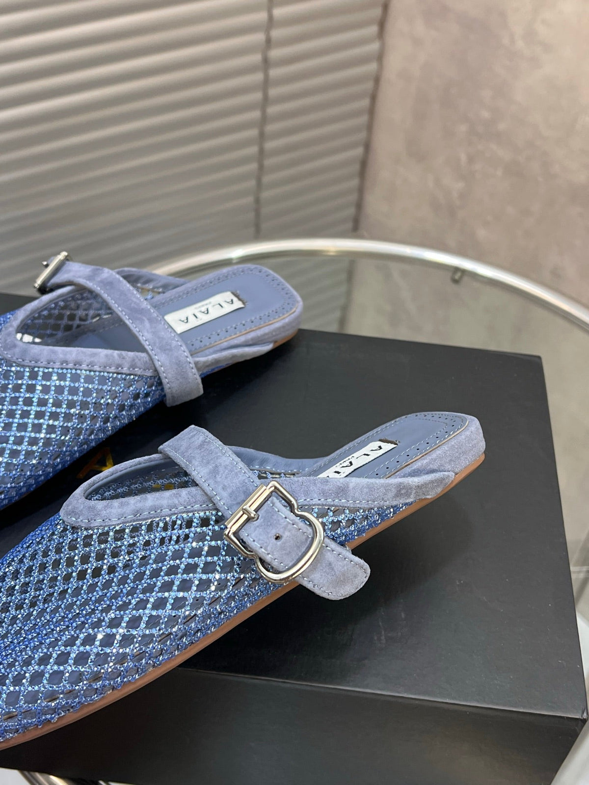 Alaia 2026 Strass Mesh Mules Light Blue Suede 195867