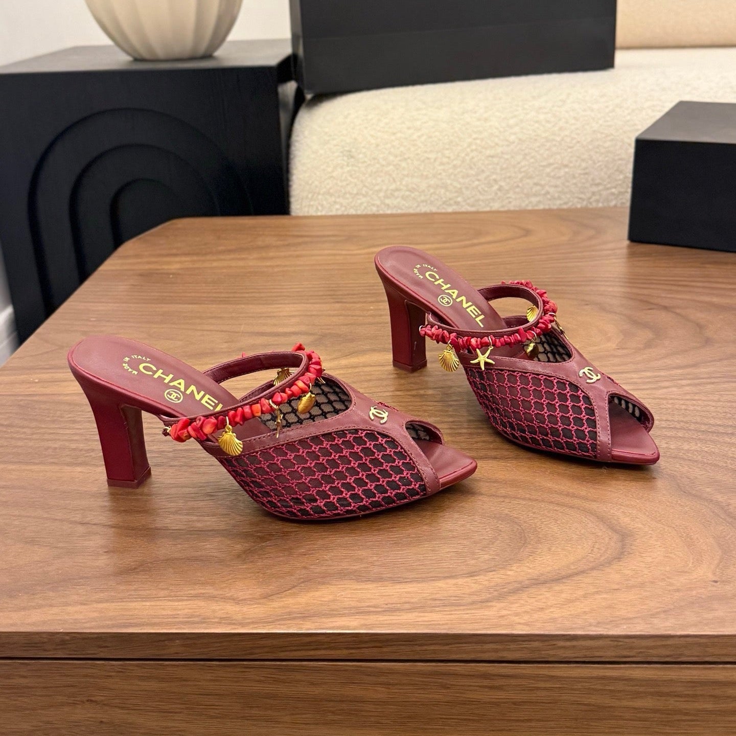 CC Coco Beach 26s Mule 9cm Burgundy Mesh Lambskin Resin 790137