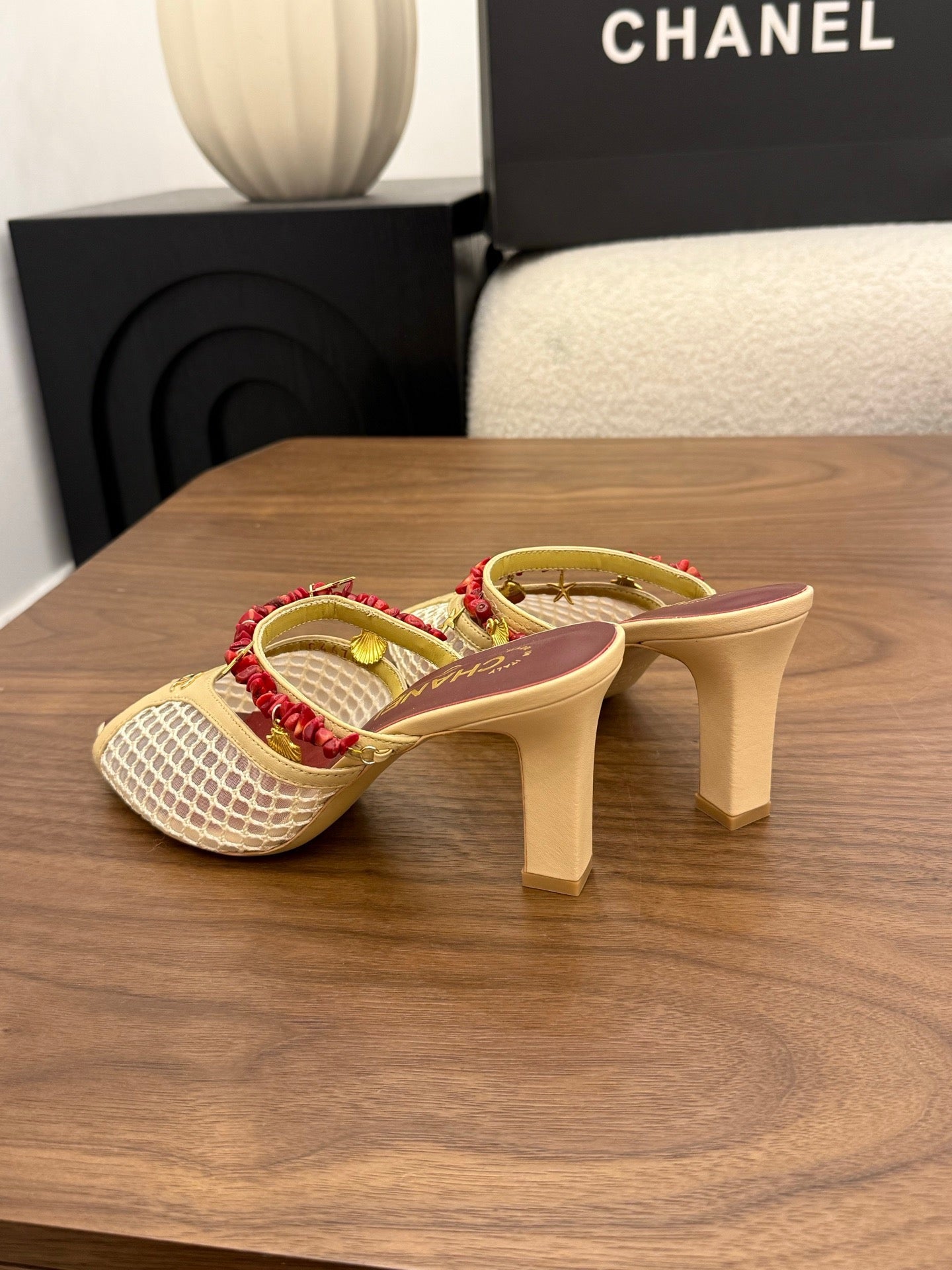 CC Coco Beach 26s Mule 9cm Beige Mesh Lambskin Resin 790138