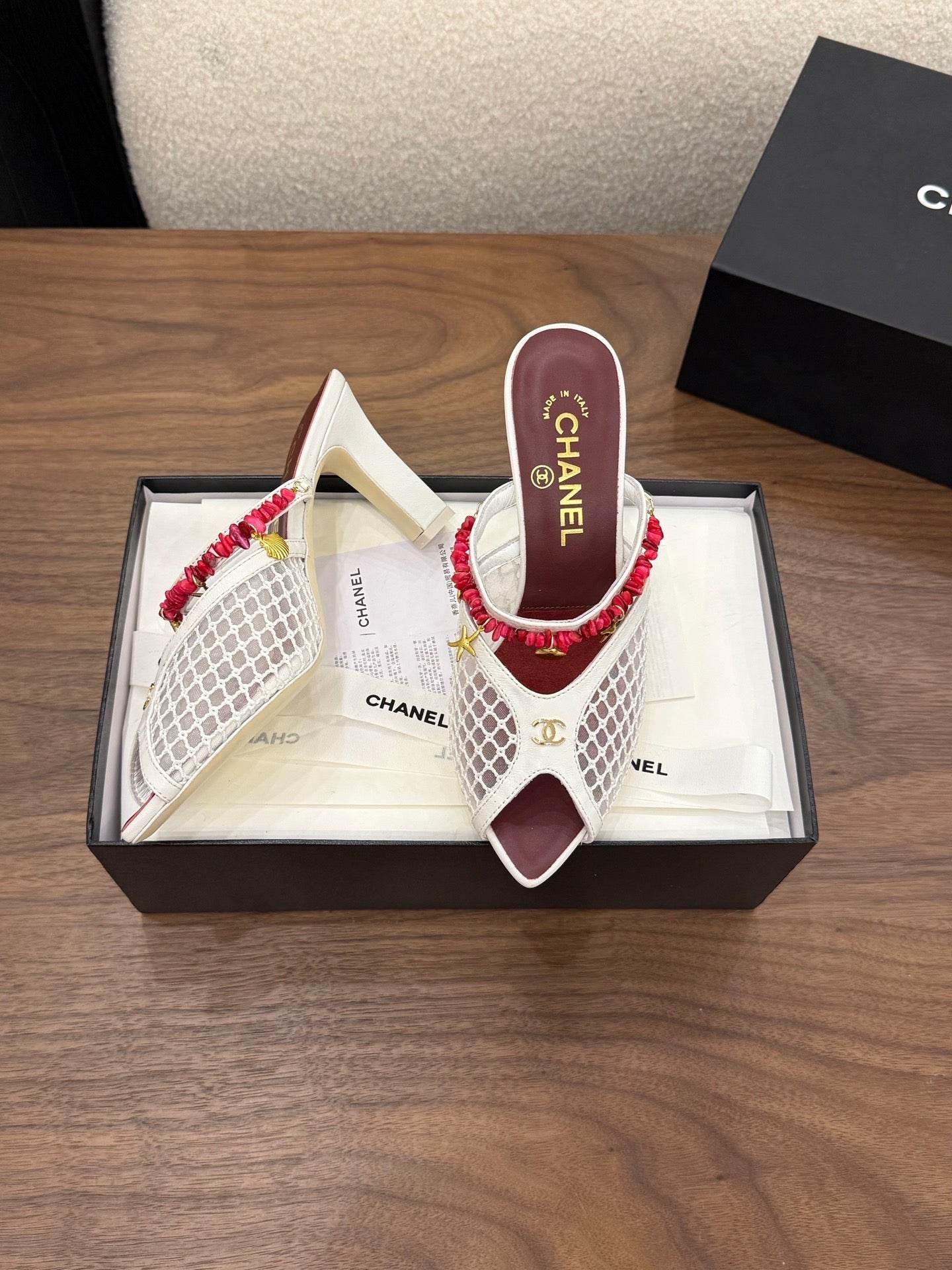 CC Coco Beach 26s Mule 9cm White Mesh Lambskin Resin 790139
