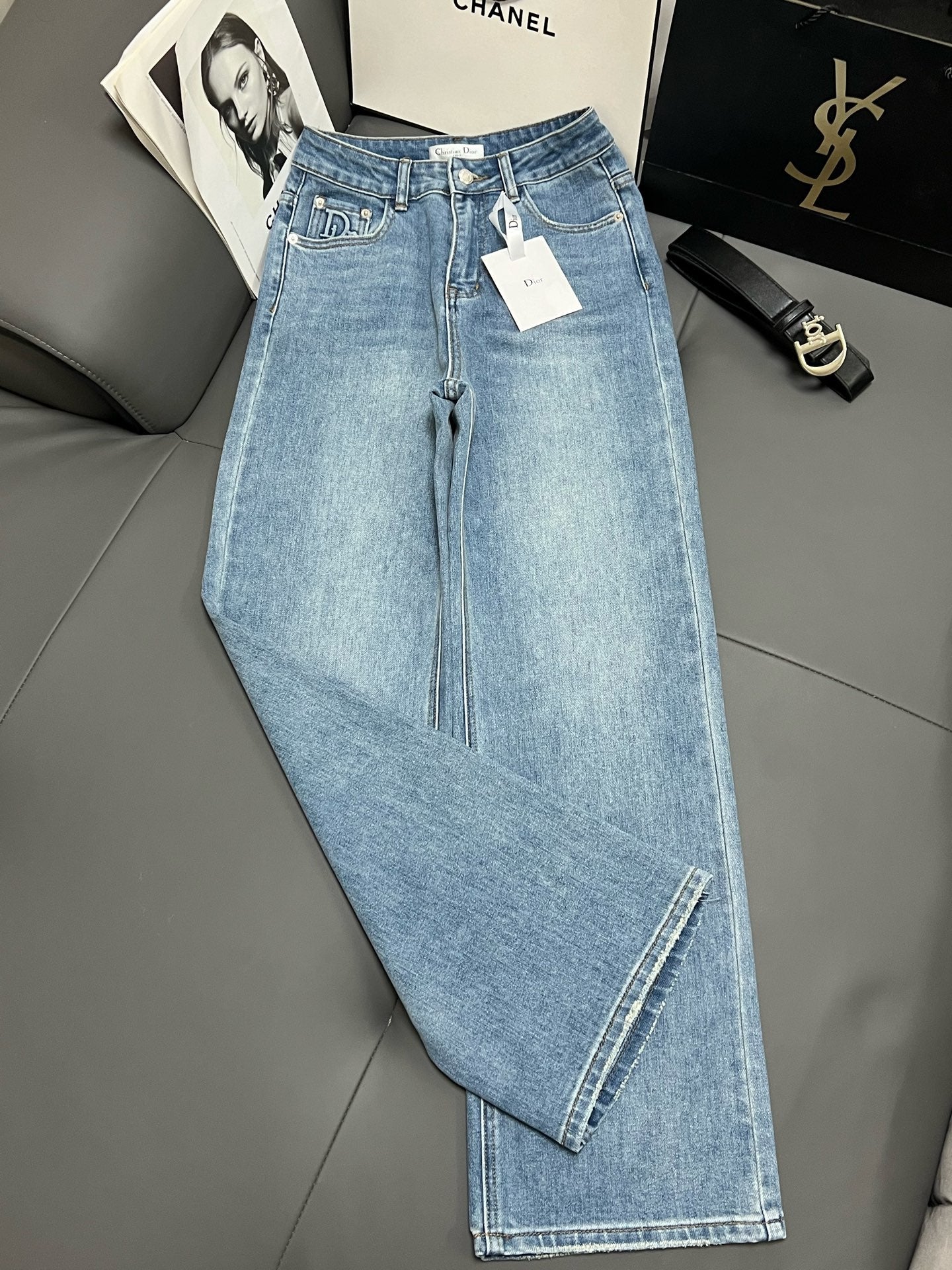CD 2025 Belt Straight Slightly Stretch Jeans Denim Blue Cotton 109045