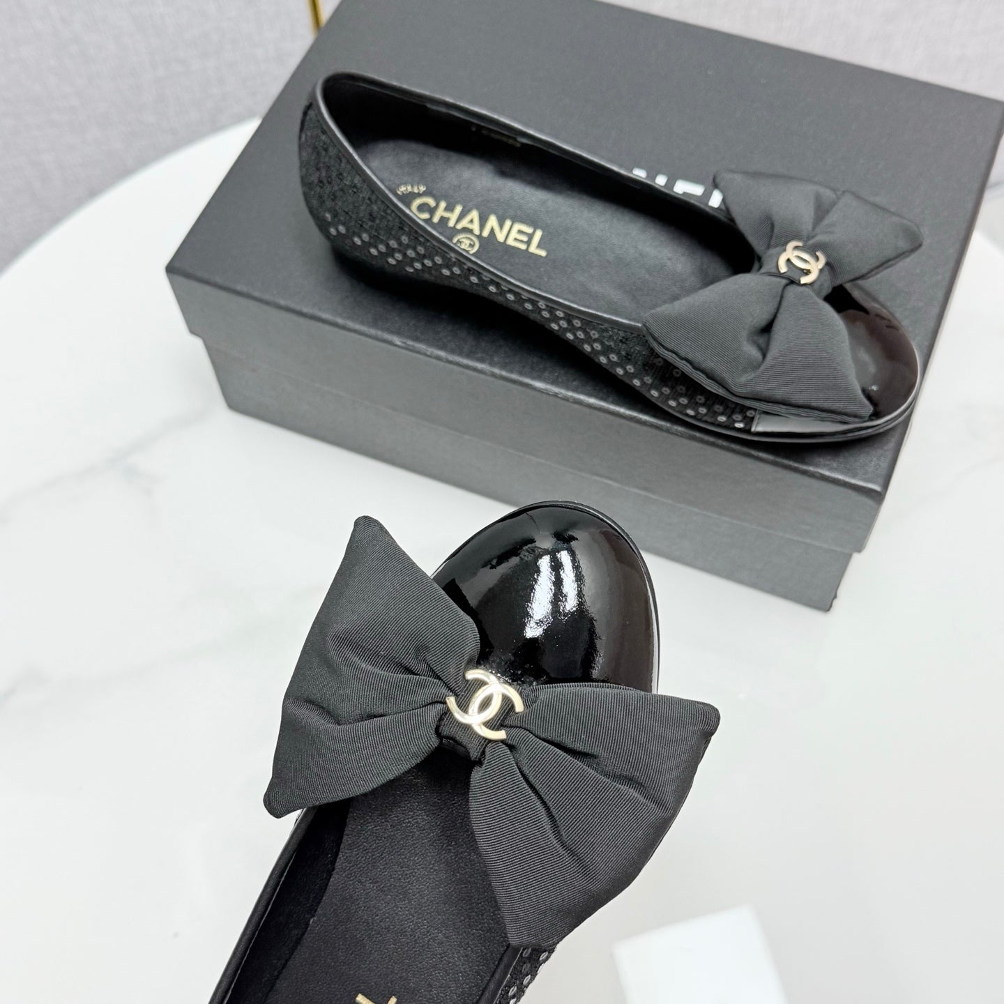 CC 25 Bow Ballet Flats Black Canvas And Grosgrain 368808
