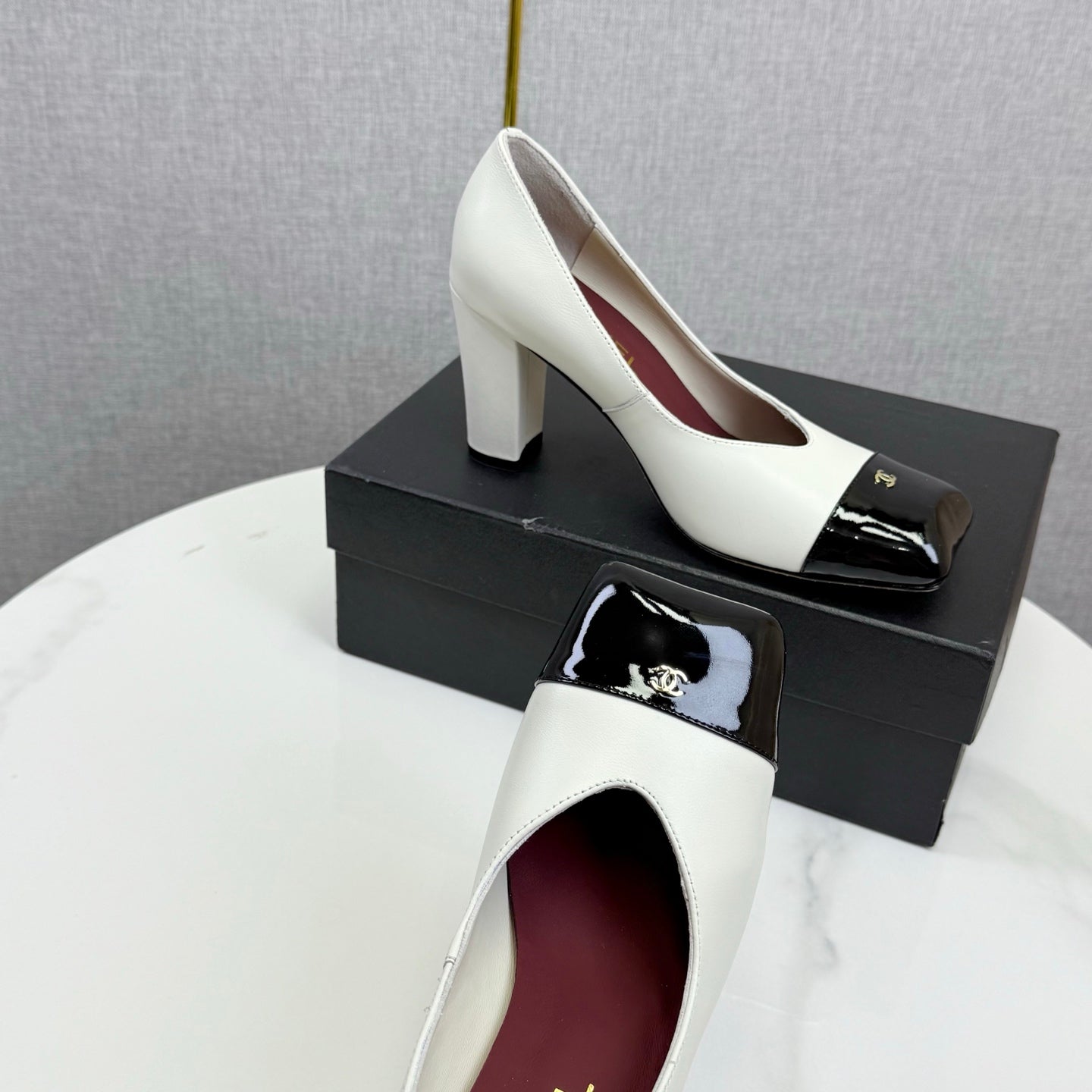CC Square Toe Slingback Black White Sheepskin Patent Leather 541130