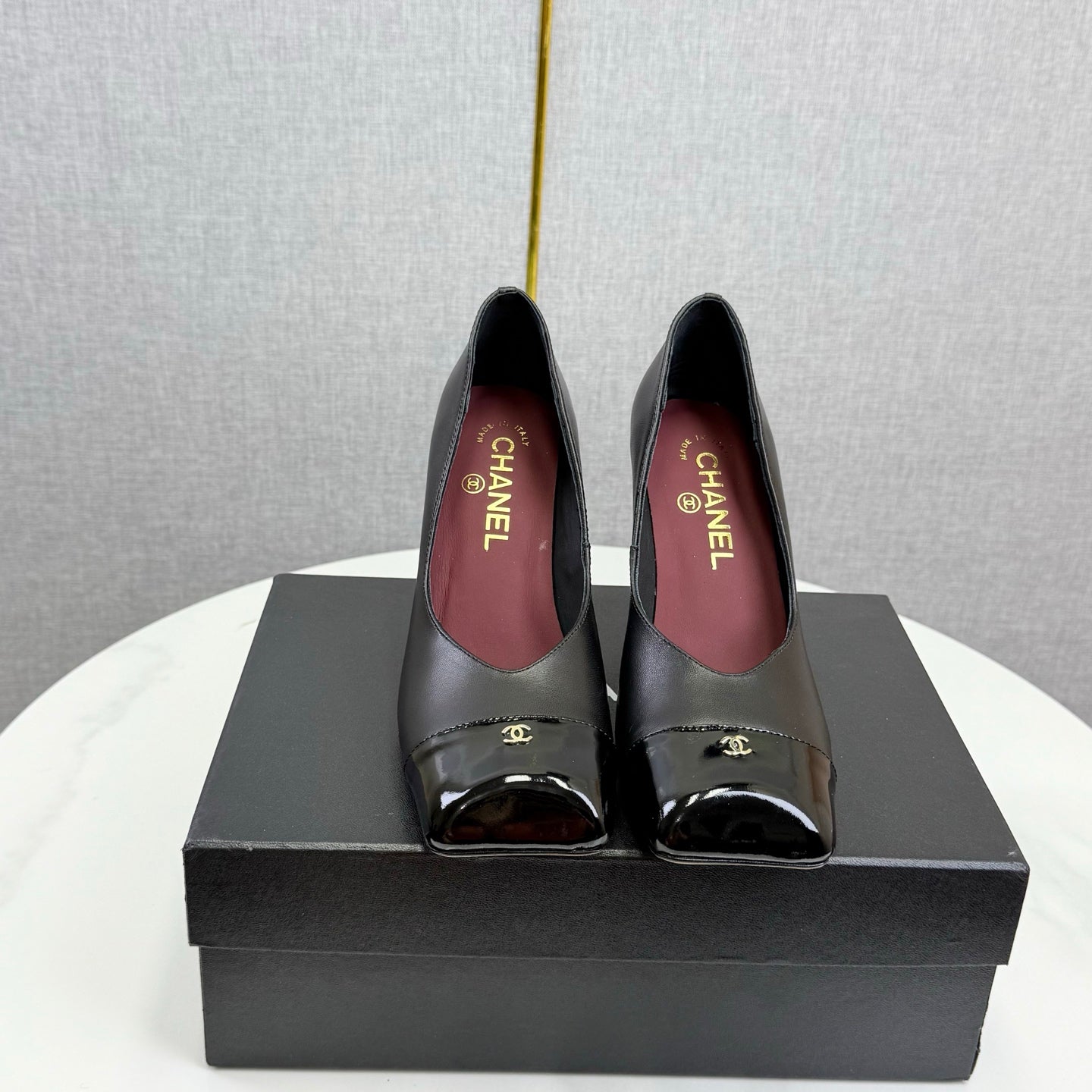 CC Square Toe Slingback Black Sheepskin Patent Leather 541131