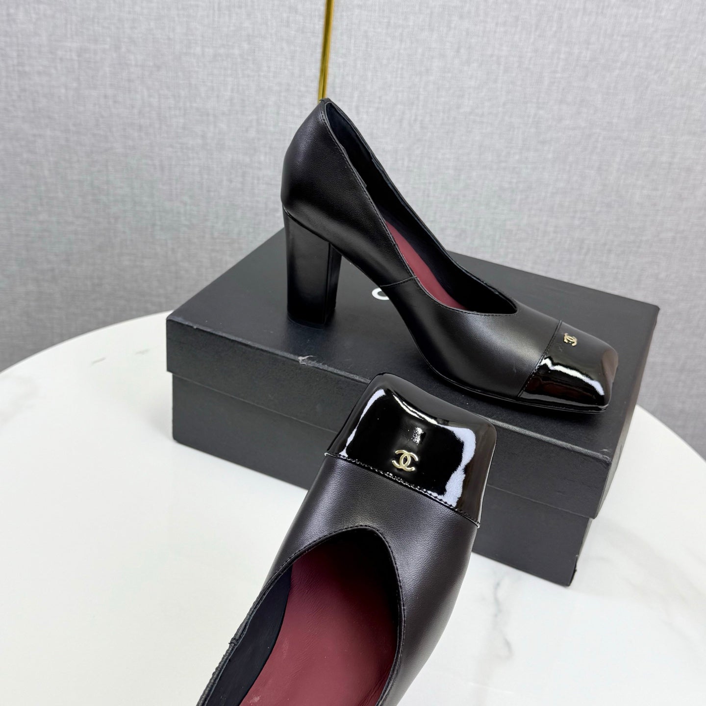 CC Square Toe Slingback Black Sheepskin Patent Leather 541131