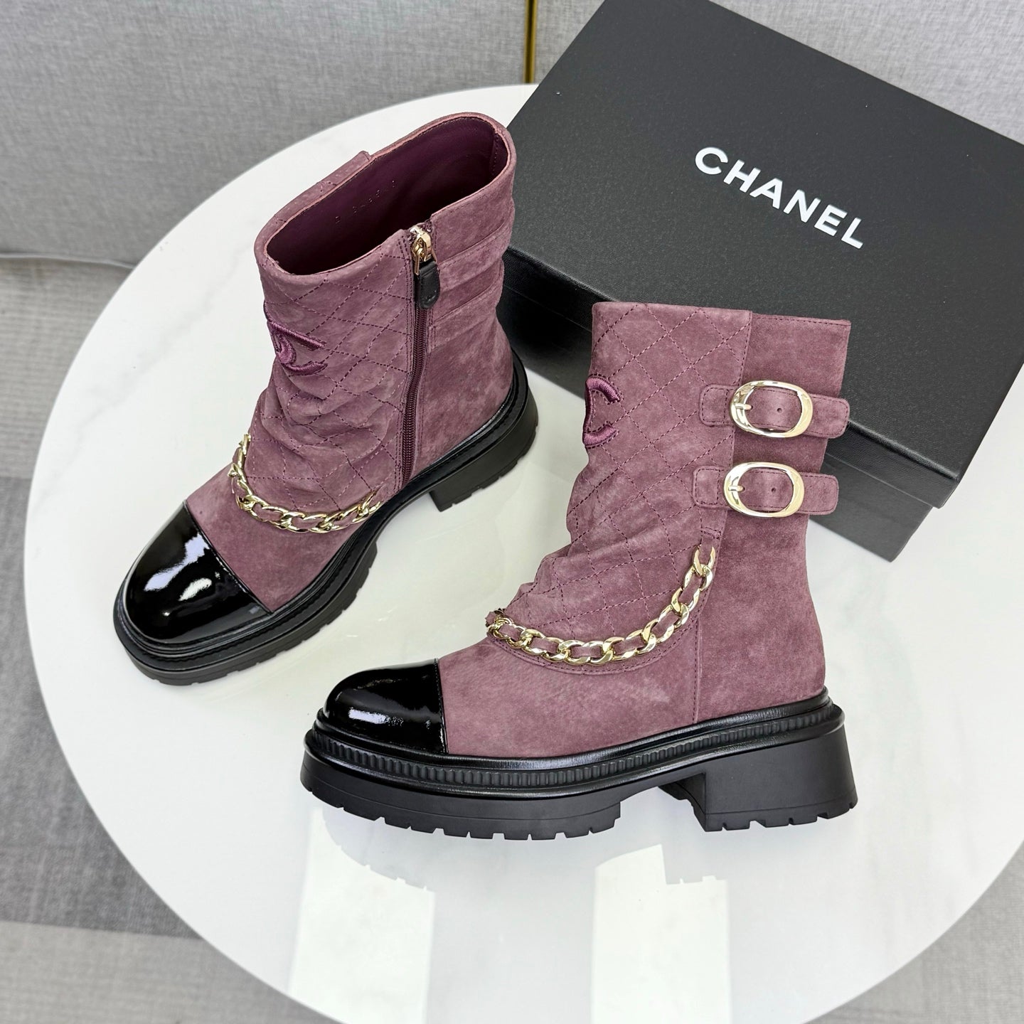 CC 25B AW Ankle Boots Old Rose Black Quited Suede Patent Leather 541068 GHW