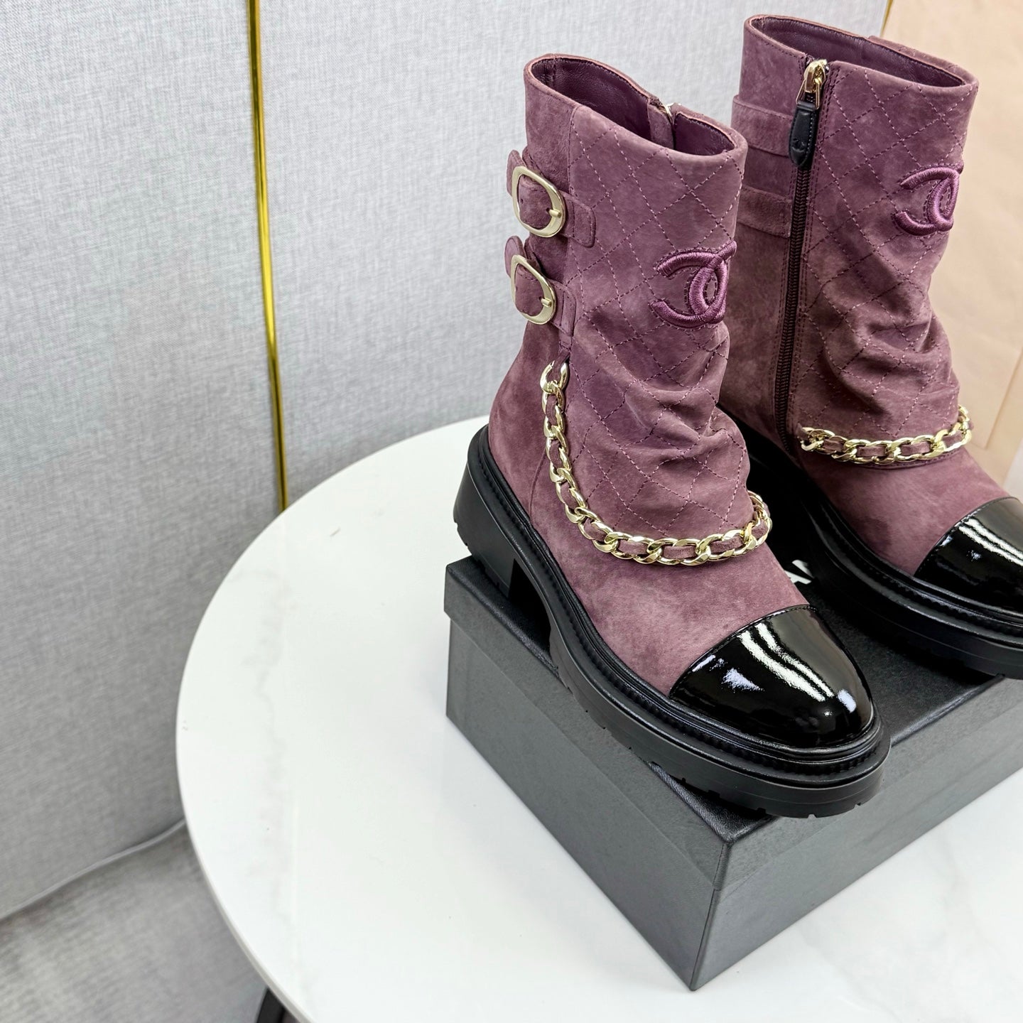CC 25B AW Ankle Boots Old Rose Black Quited Suede Patent Leather 541068 GHW
